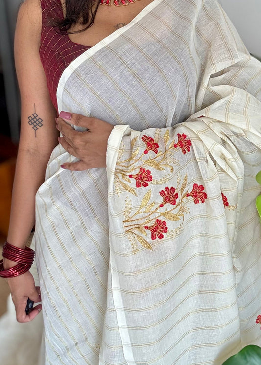 Ivory and gold soft cotton saree, red floral embroidery  - YCIEON52