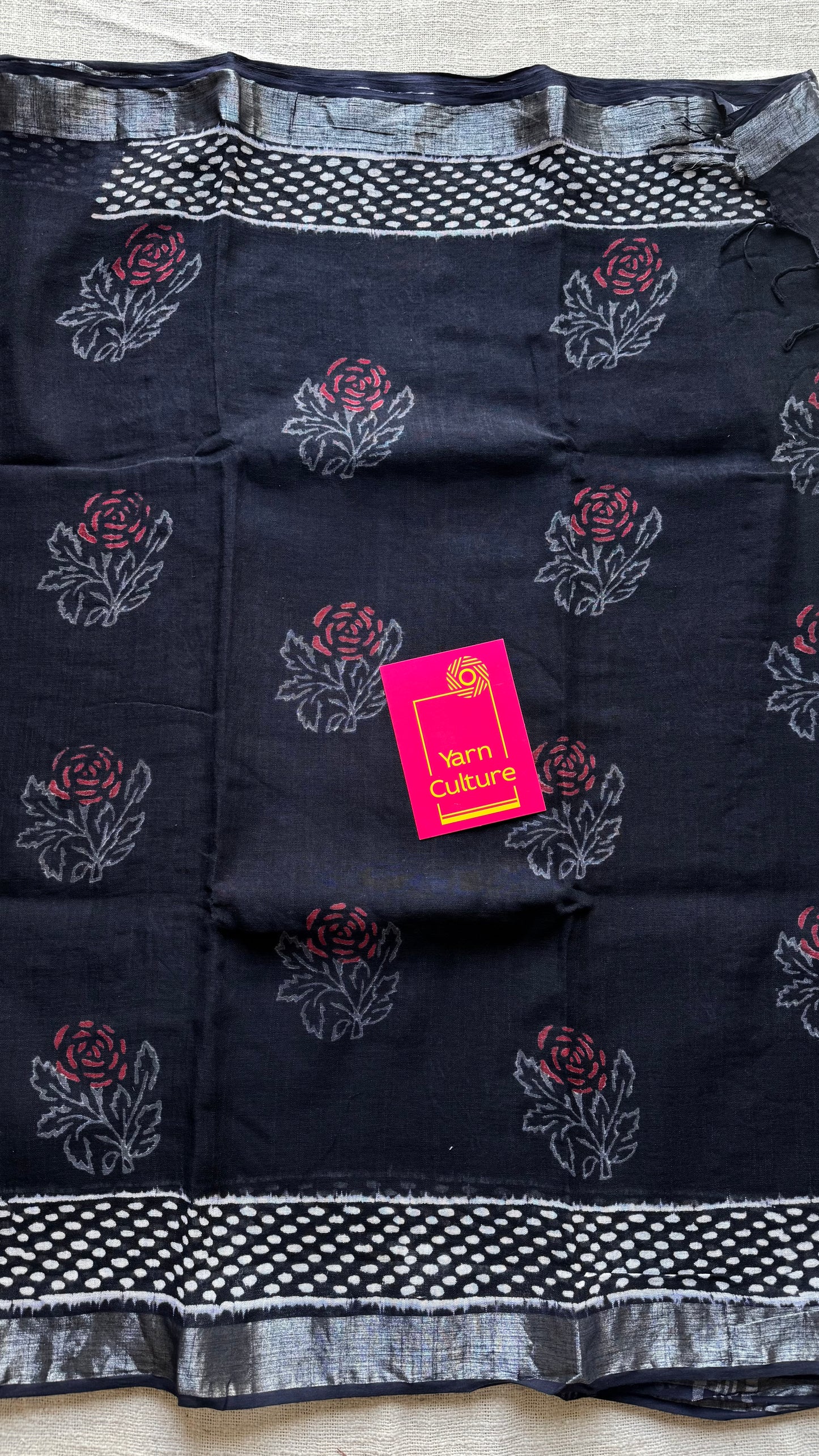 Black linen, red rose motif, silver zari border - YCTOROCBP58