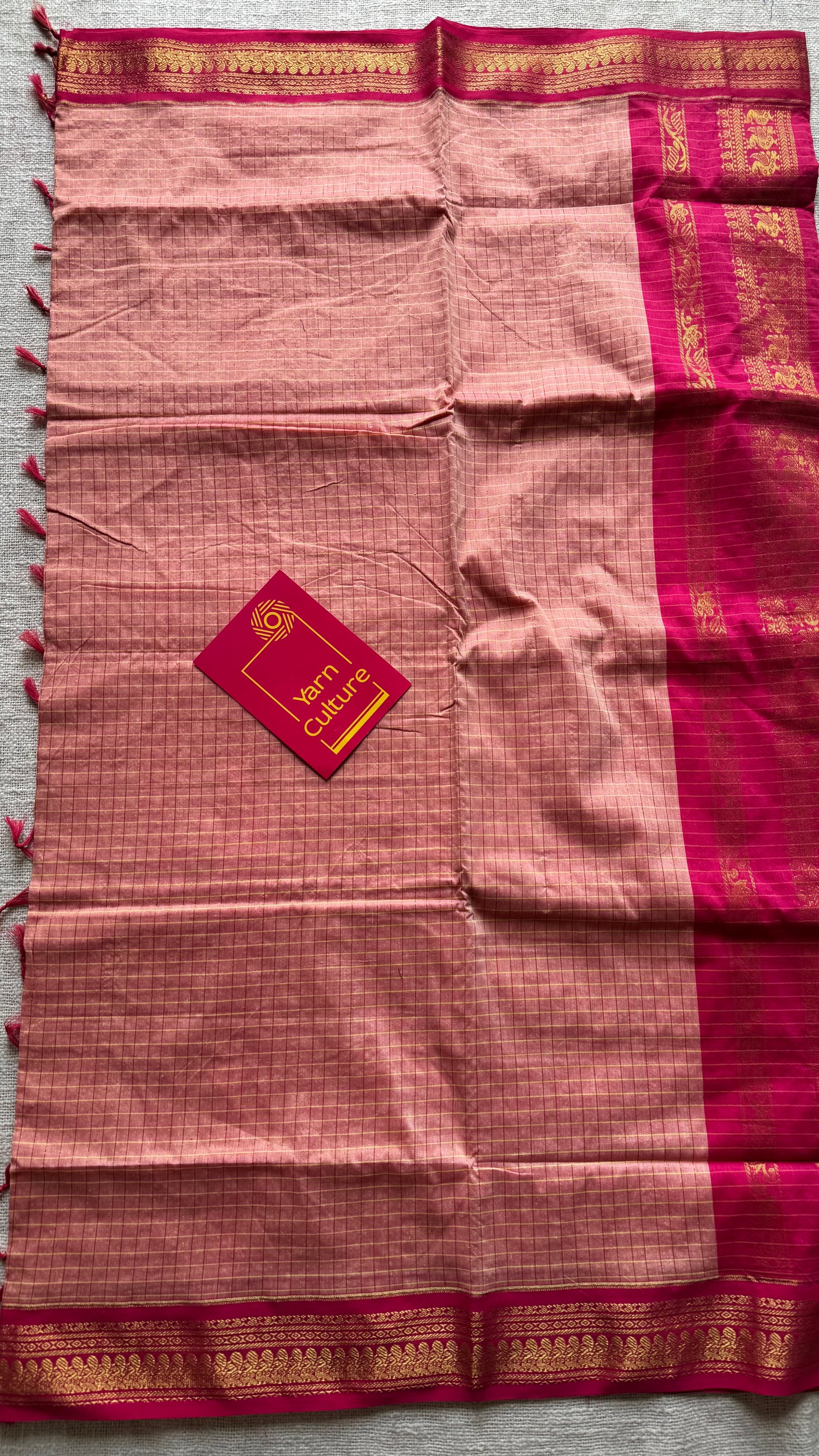 Salmon pink with hot pink, checks - cotton silk - YCCOTNOCKC40