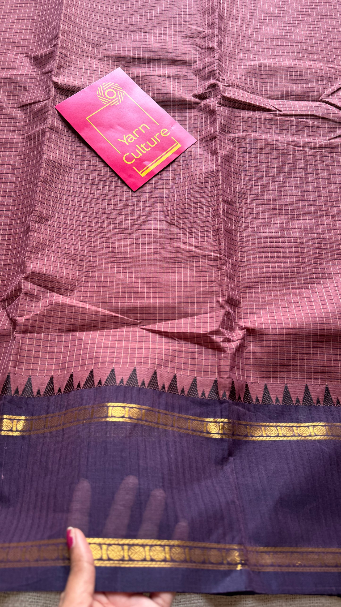 Dusty pink with deep purple border, temple motifs, checkered body, kanchi cotton - YCCOTNOCKC27