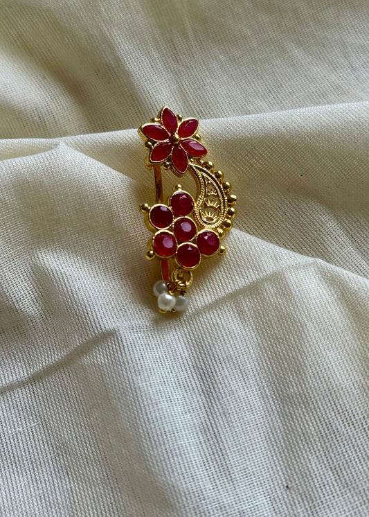 Gold plated, ruby coloured stone, clip on Maharashtrian nath - YCGPNC202