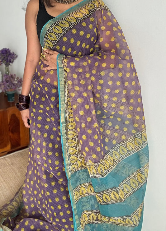 Jamun Gola - Purple with yellow kota doria, with gold zari border - YCTORKDAP13