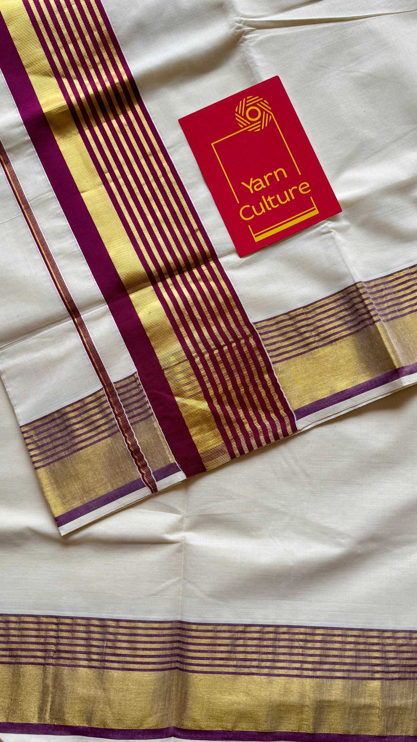 Ivory and gold soft cotton saree, purple border - YCIEON76