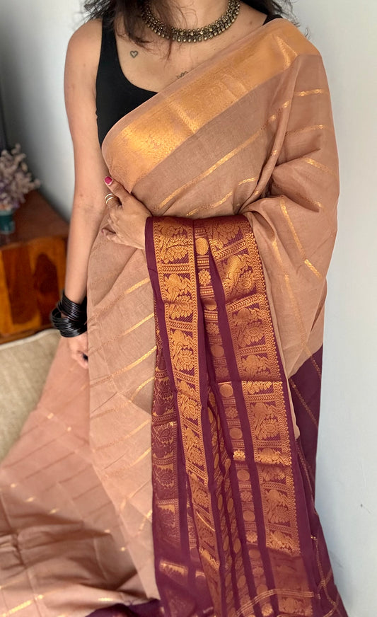 Light brown with maroon, peacock rudraksham motif, single side broad zari - madurai kattuchayam dyed - YCCOTNAURS17