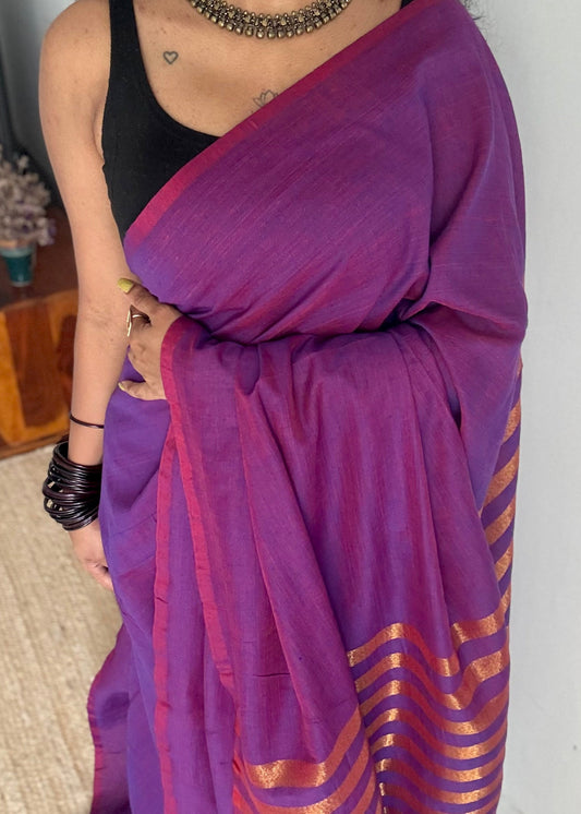 Purple pink dual tone khadi with antique gold pallu - YCBCKZPSE06