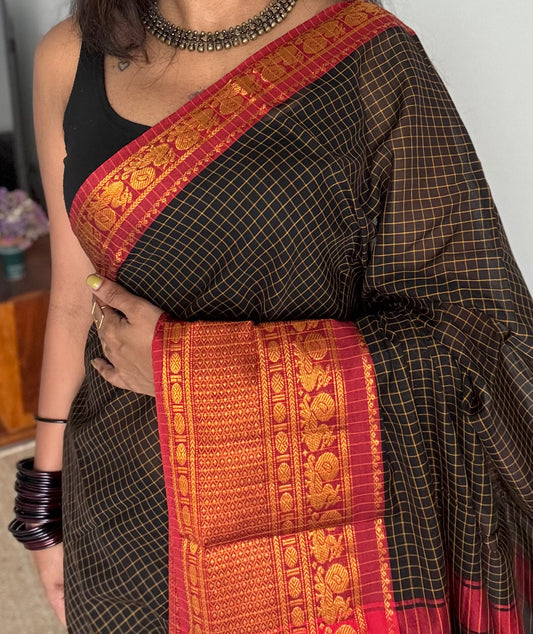 Black checks with red zari border, premium narayanpet, soft cotton - YCWOTDNPCFE20