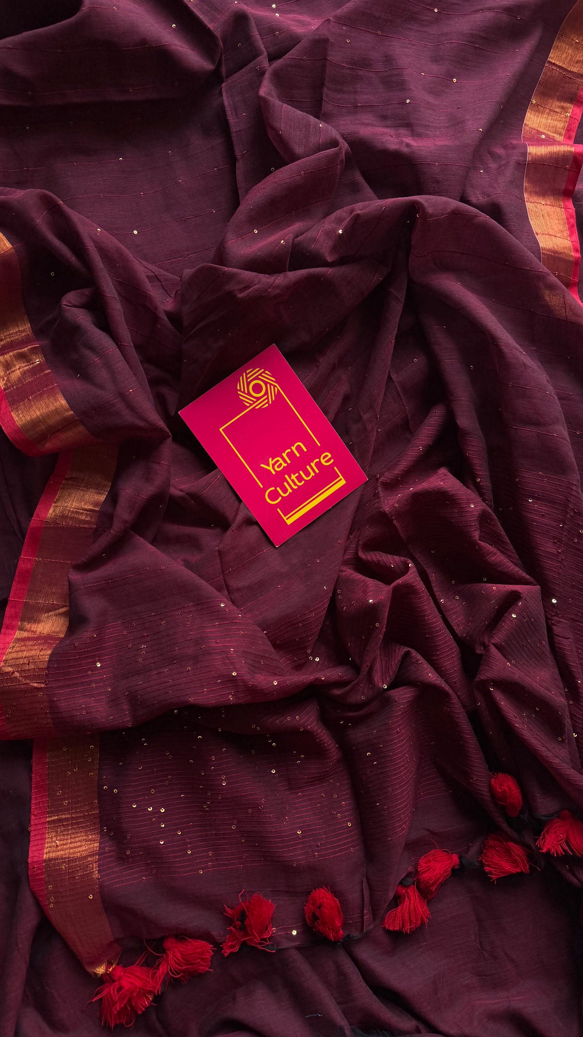 Maroon mul cotton saree with sequins and zari border - YCBCMCSE30