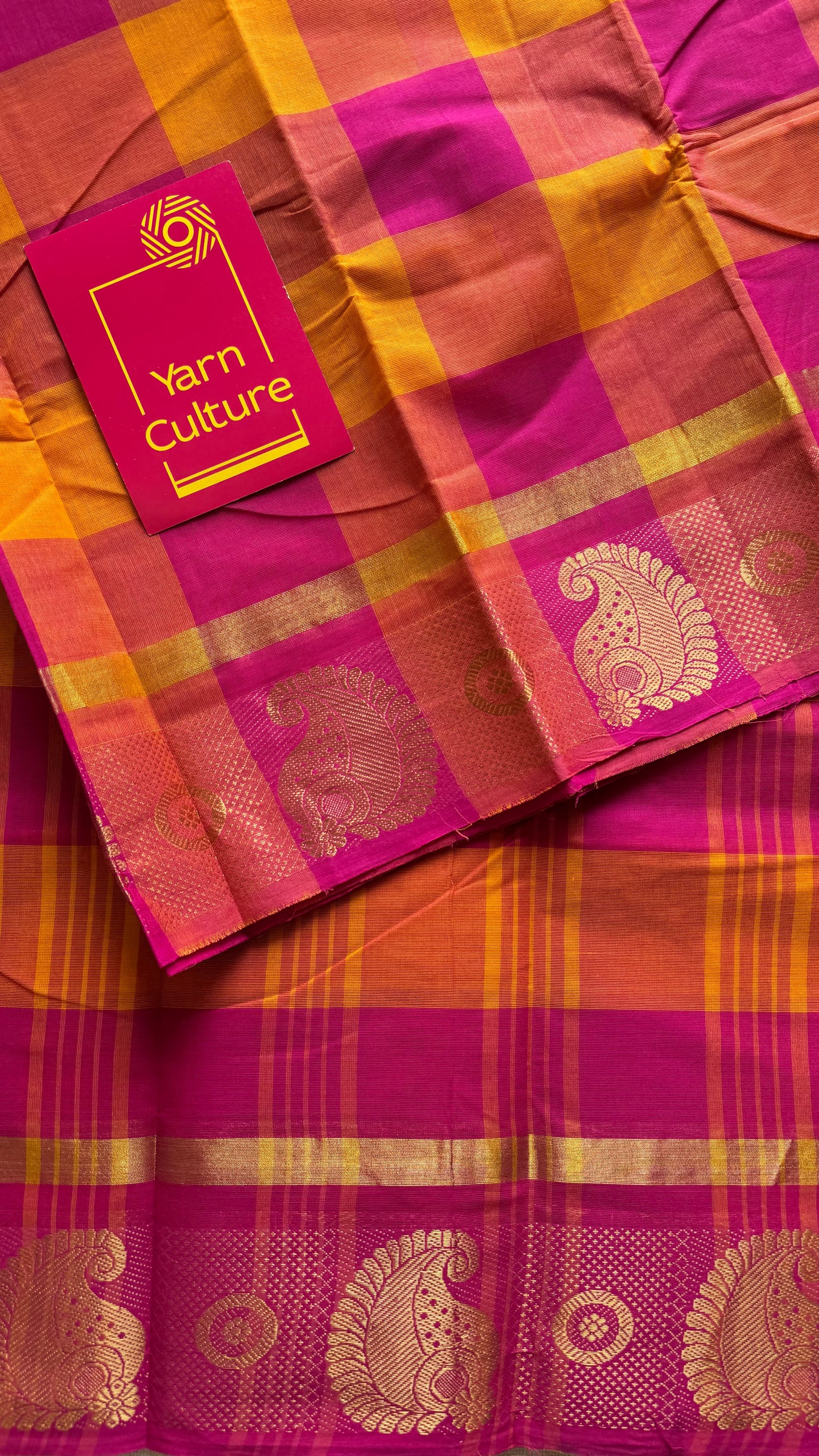 Chettinad cotton saree with yellow and pink checks, paisley motif border - YCCOTNAP66