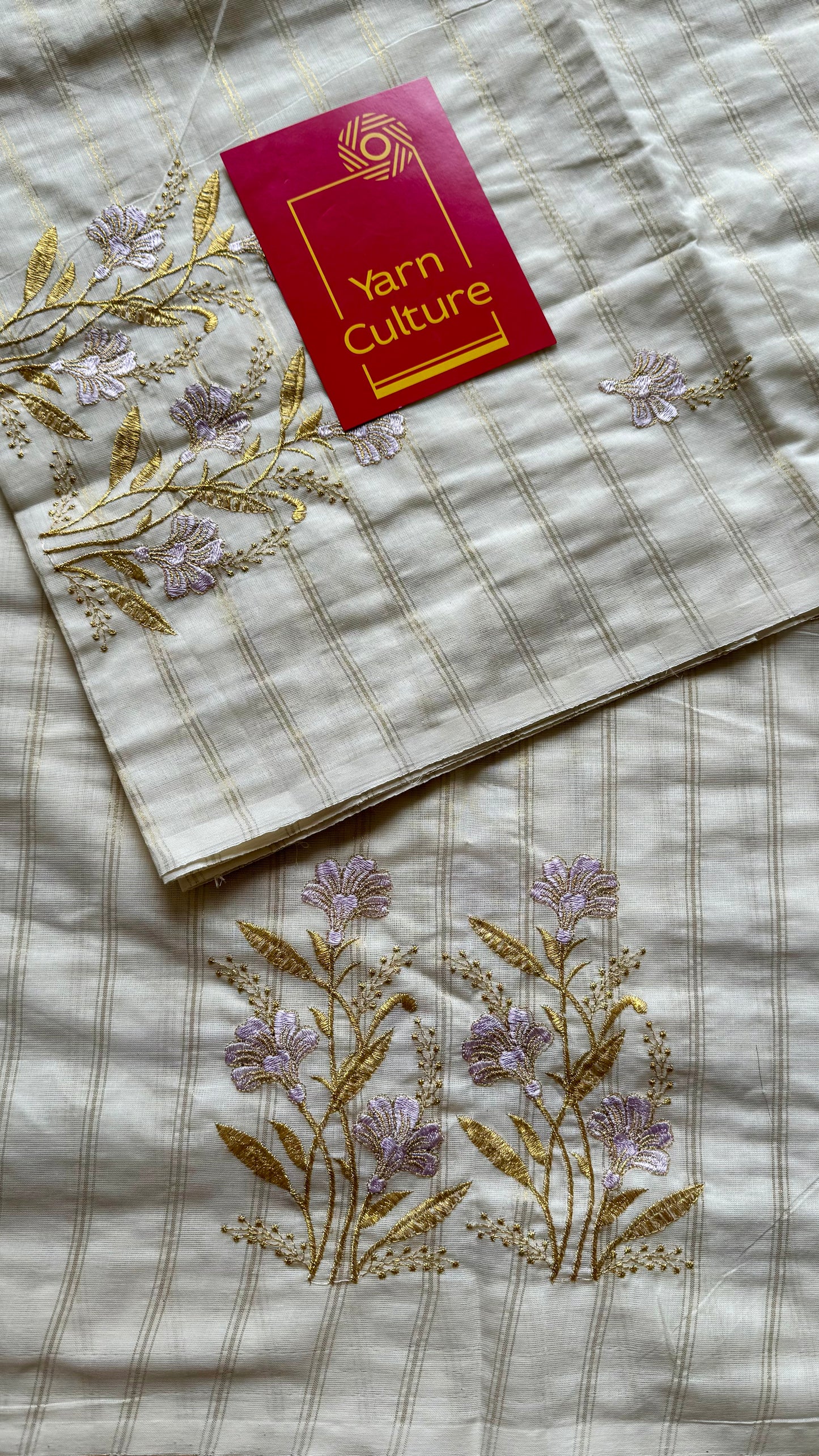 Ivory and gold soft cotton saree, lavender floral embroidery  - YCIEON53