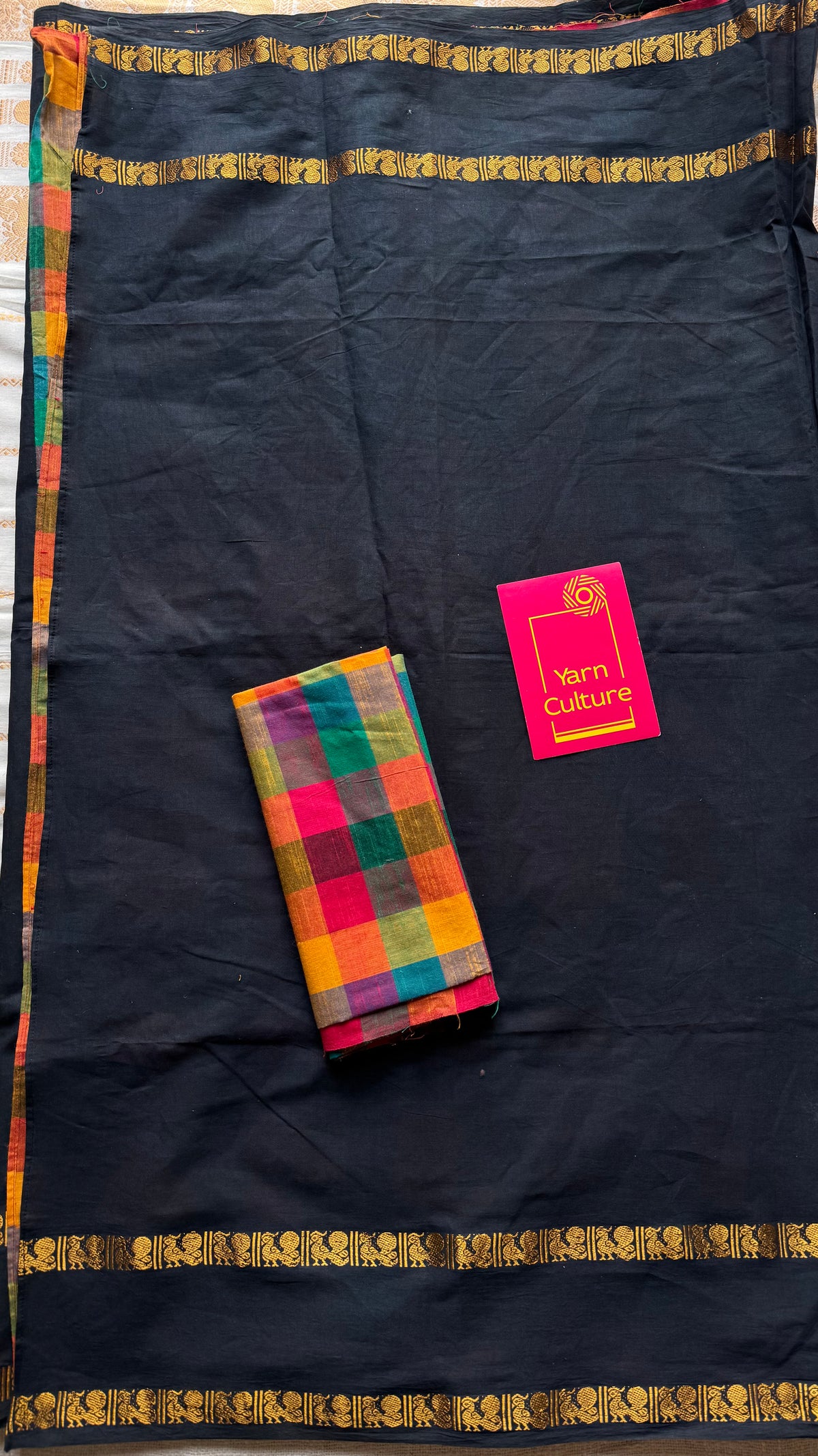 Plain black with multicoloured checks, cotton half-half saree - YCCOTNIDOC43