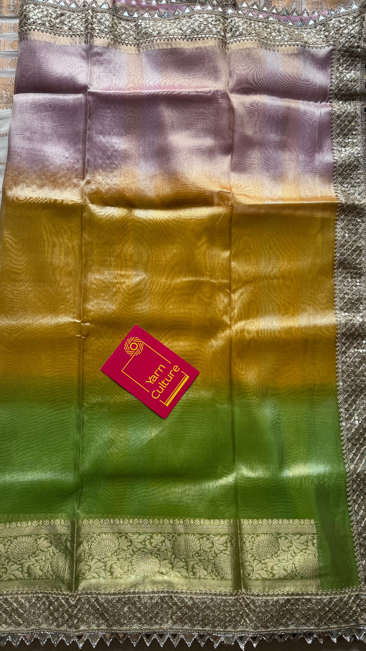 Pastel pink, green and yellow tissue Banarasi saree with embellished mirror border - YCBLTOC73