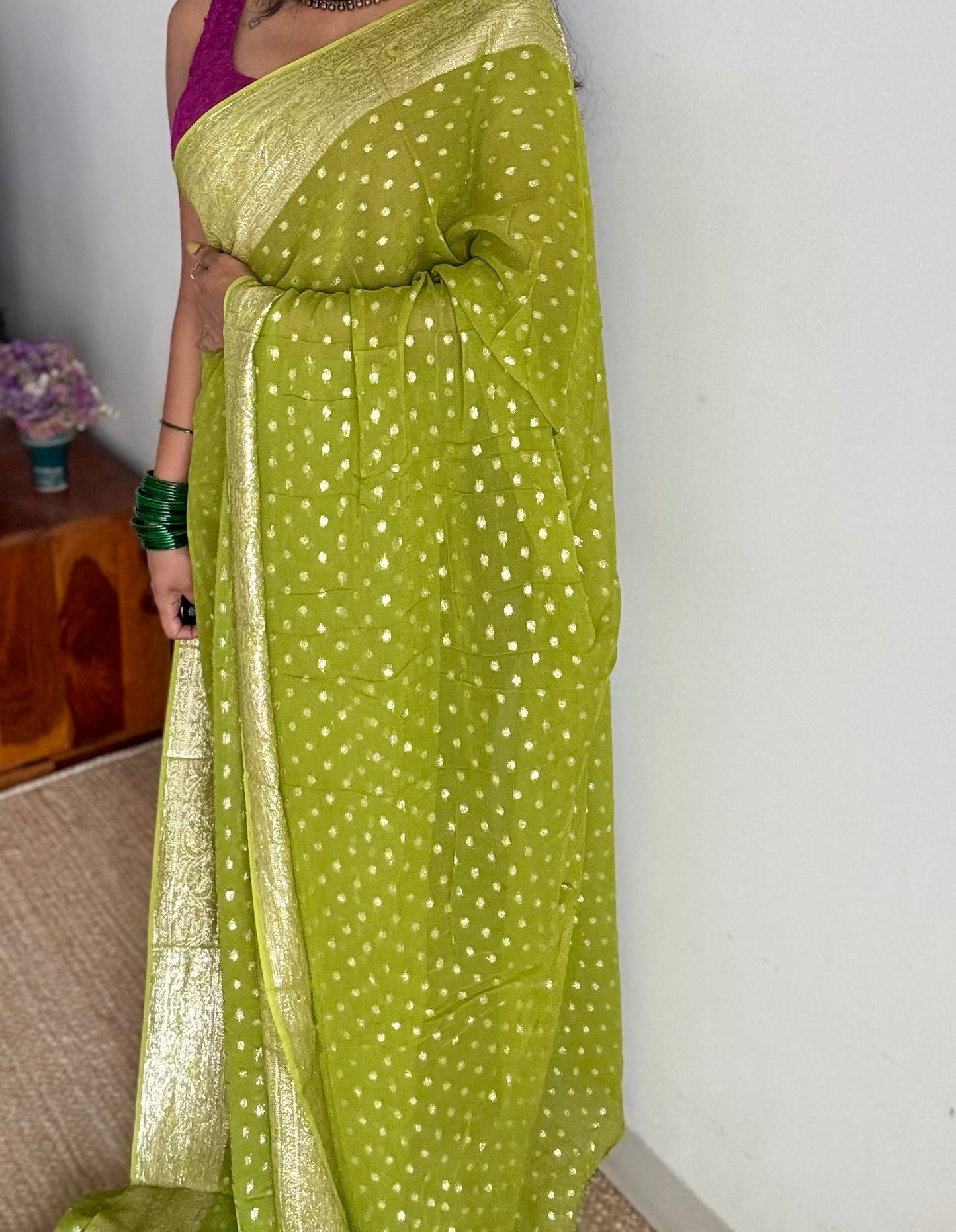 Lime green viscose georgette saree with zari motifs - YCDOSFE204