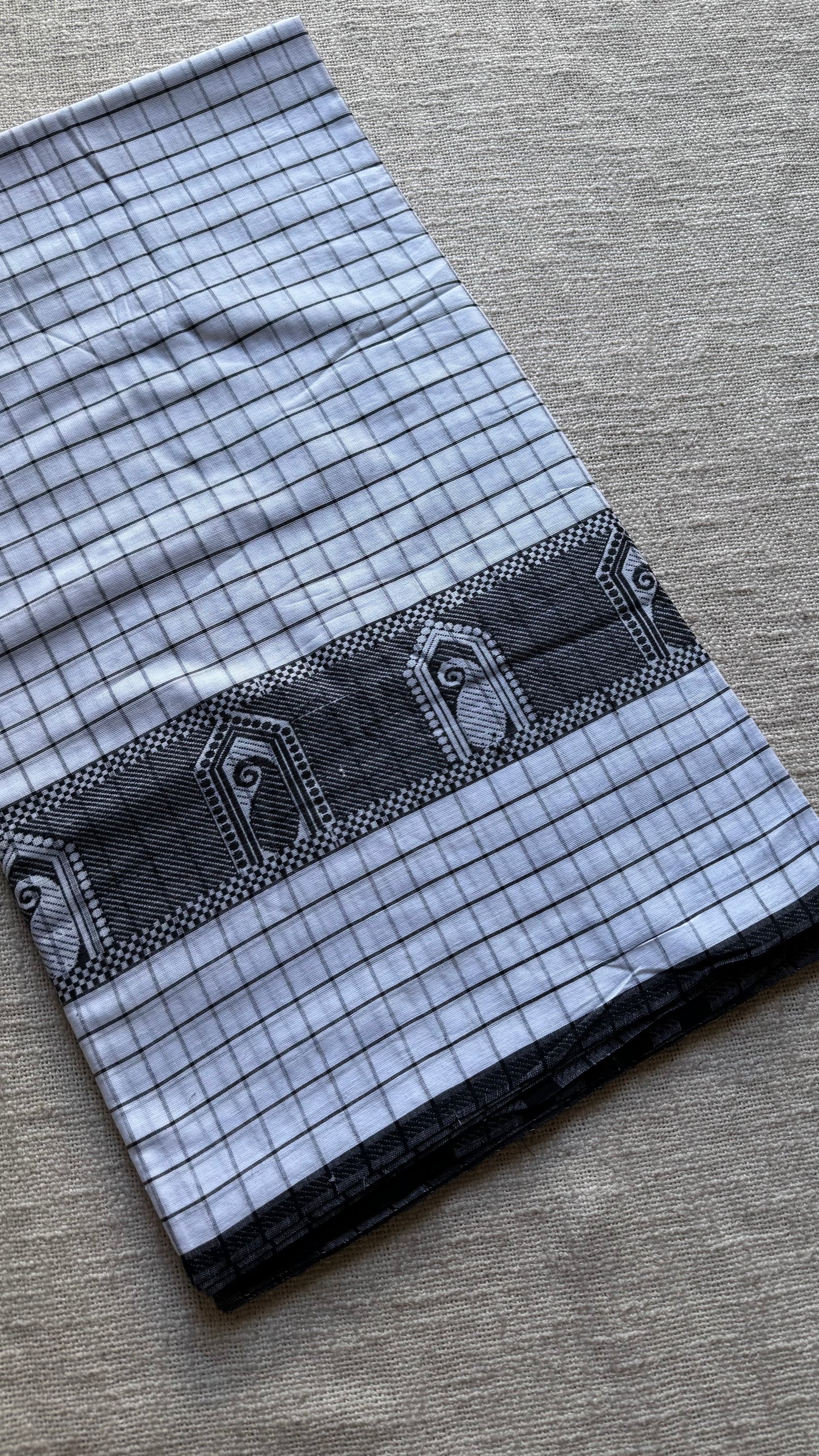 Dhonekhali handloom soft cotton saree, black and white checks, black thread motif worked border - YCBCDFE265