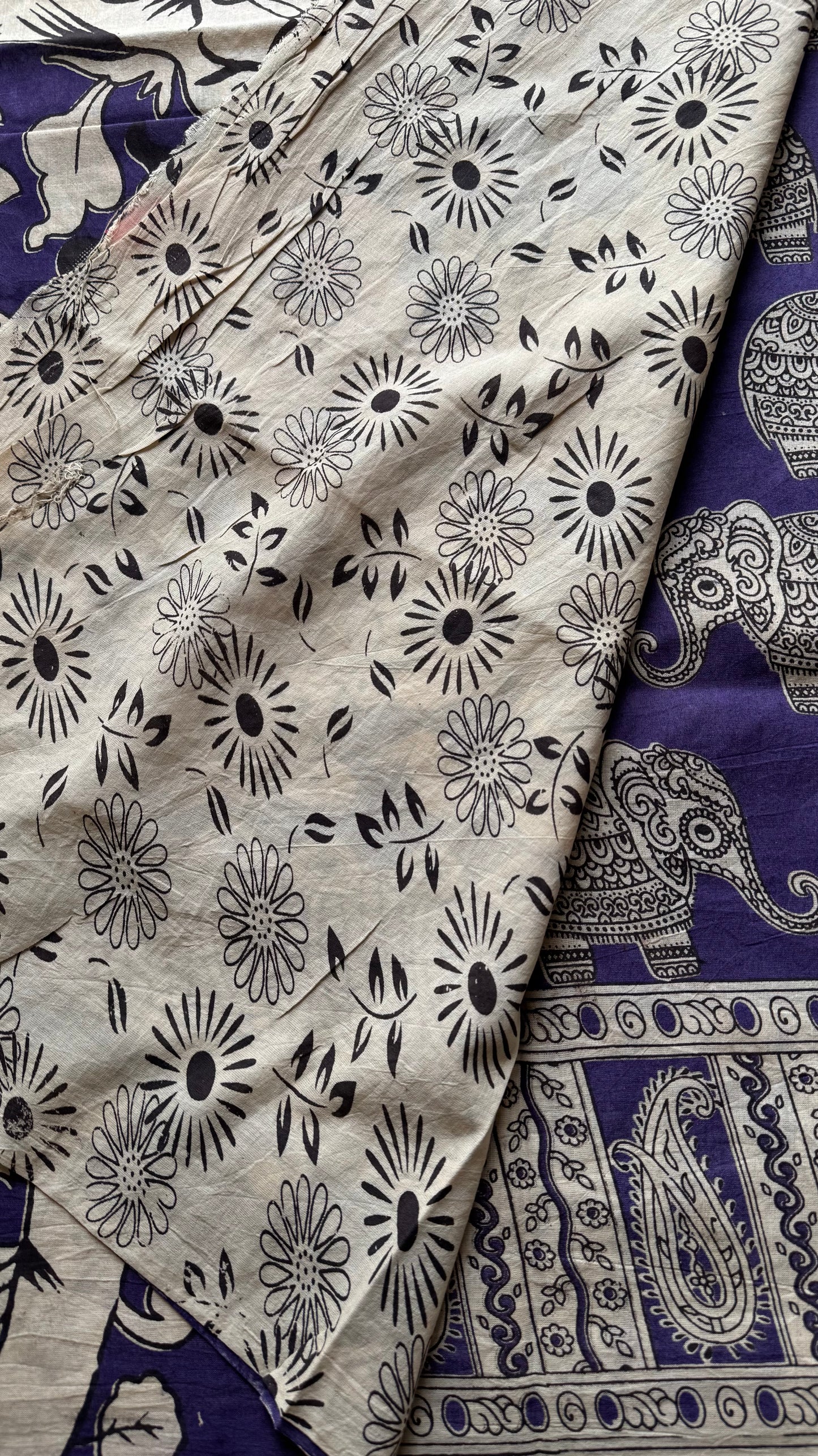Purple kalamkari saree, elephant motifs, soft cotton - YCWOTDMA351