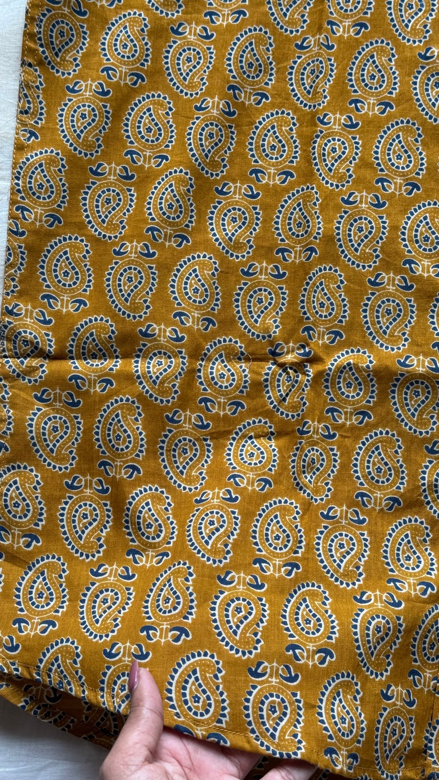 Rust Orange & Blue Motif Block Printed Cotton Men's Half Sleeve Mandarin Collar Kurta Shirt - YCMSEIE192