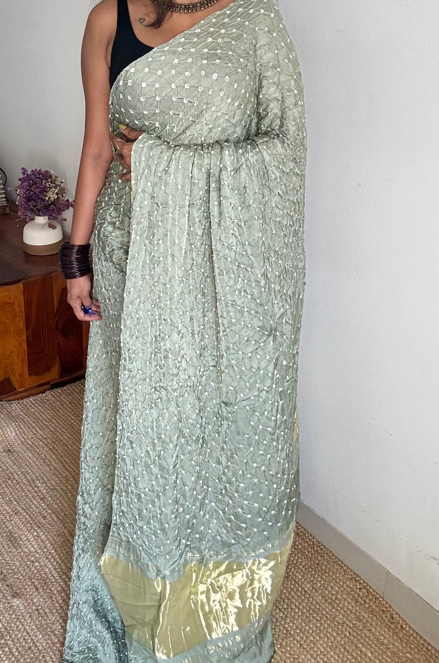 Pastel mint green, crushed bandhej pure modal silk saree with lagdi patta zari pallu - YCTOKBM334