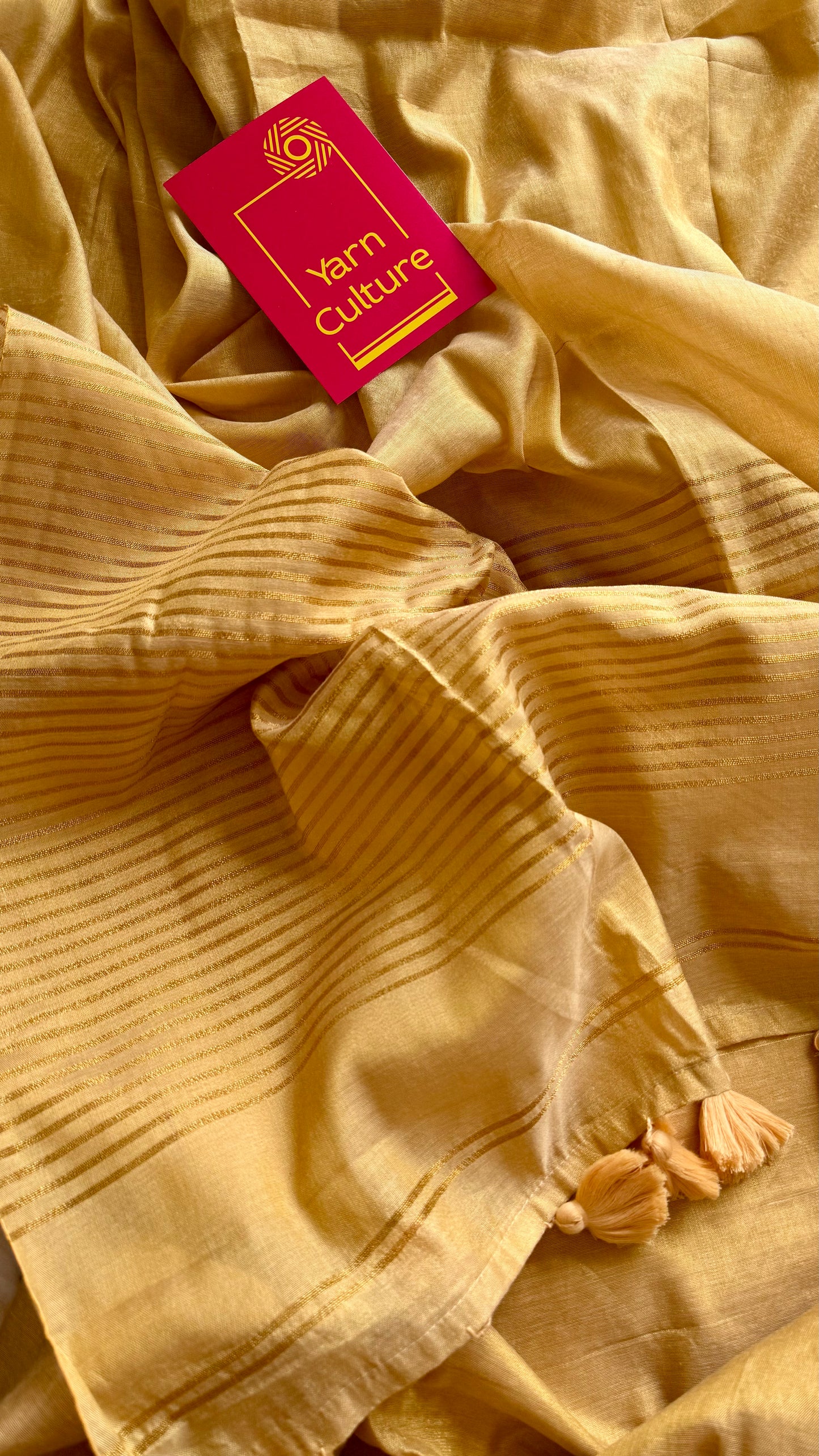 Plain gold mul tissue saree, striped pallu - YCIEON07