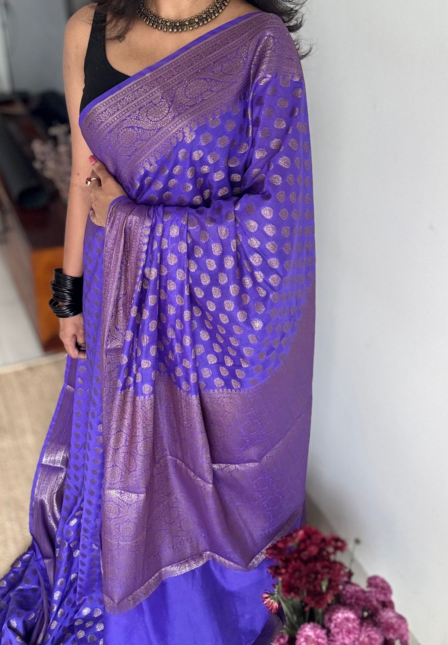 Wisteria - Dark lavender with a hint of blue, antique gold zari, Banarasi semi georgette - YCBLFEGAGZ20