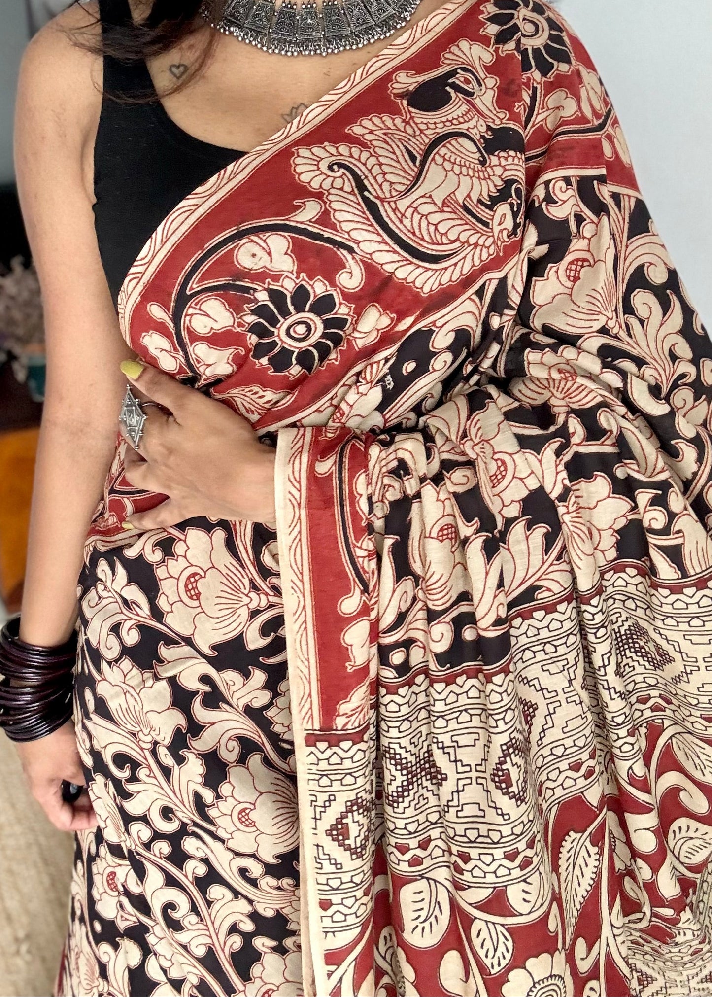 Black with beige and brick red kalamkari, floral vines, soft cotton - YCWOTDOCMP85