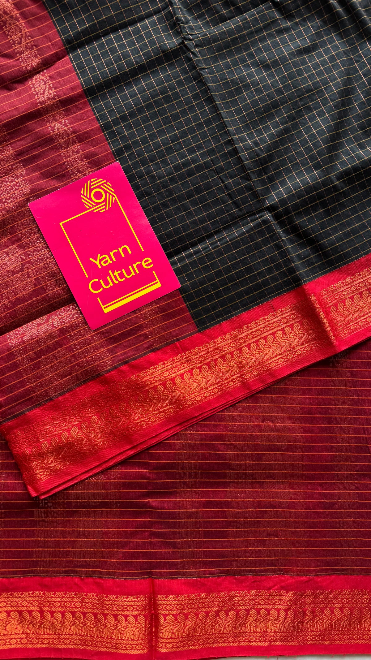 Black with red, zari checkered saree, cotton silk - YCCOTNKCOC104