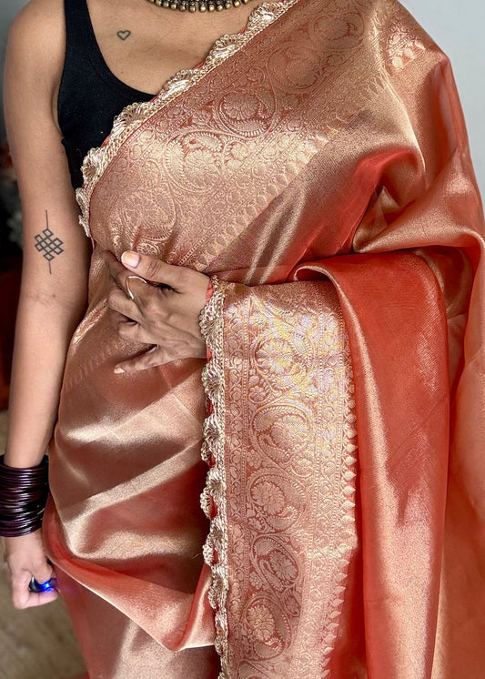 Orange gold tissue Banarasi saree with lace zari border - YCBLTOC72