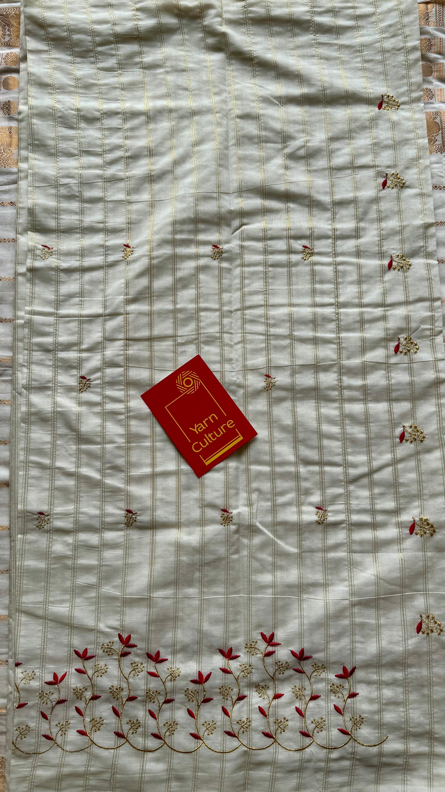 Ivory and gold soft cotton saree, red floral vine embroidery - YCIEON60