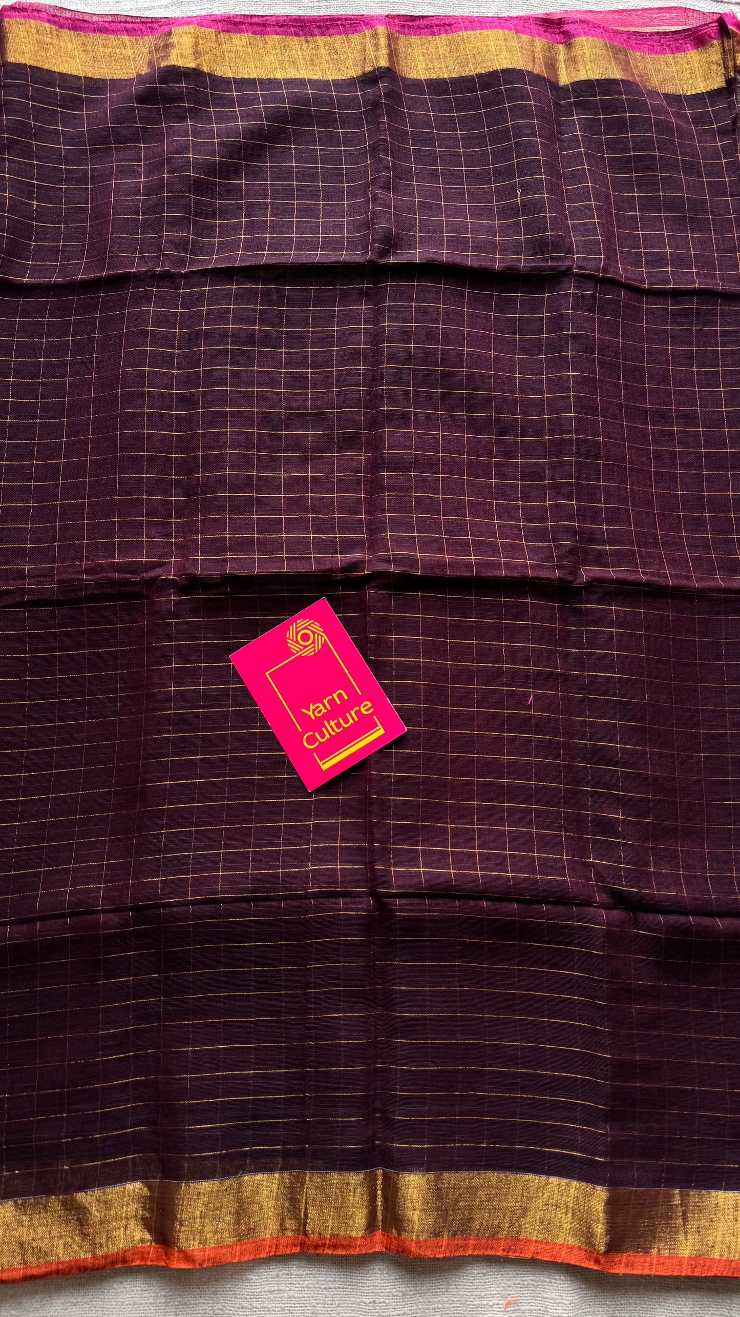 Brown linen by cotton saree, gold checks & copper zari pallu - YCBCLCFE394