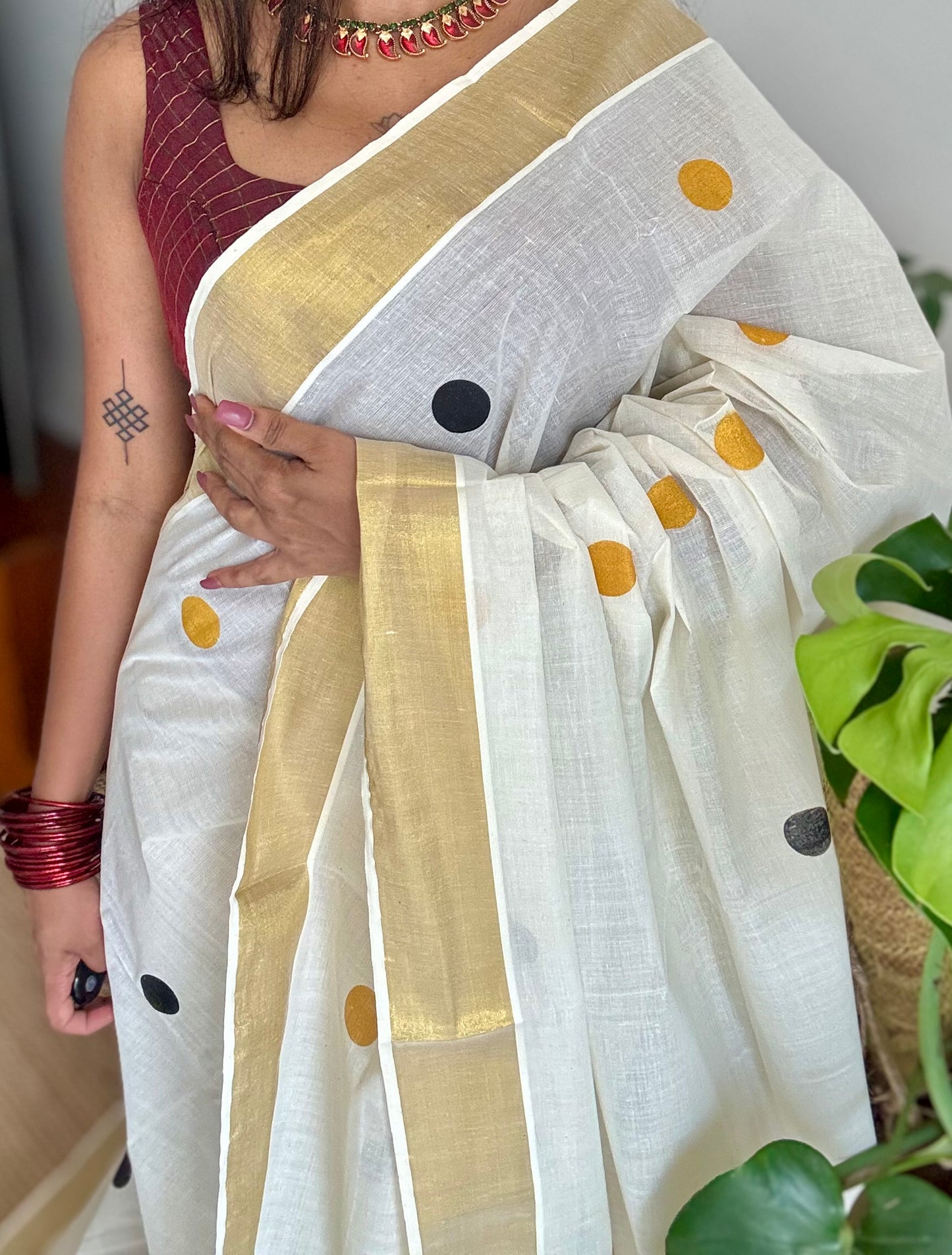 Ivory and gold soft cotton kasavu saree, black and yellow polka - YCIEON72