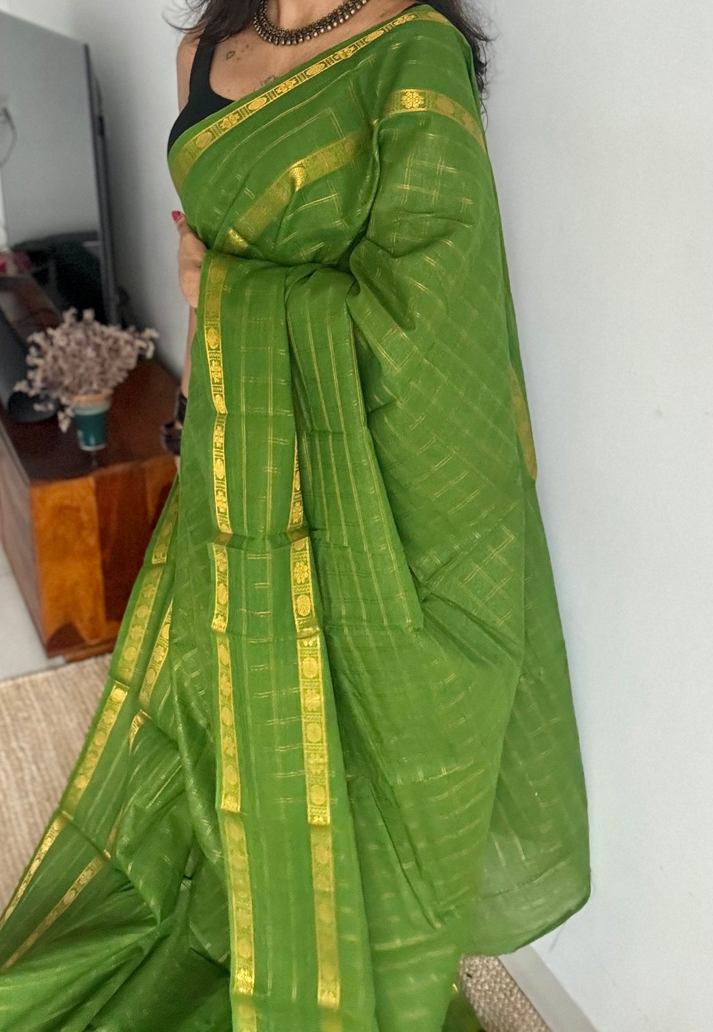 Green adayar gold zari kattam, sungudi cotton - YCCOTNOCSC46