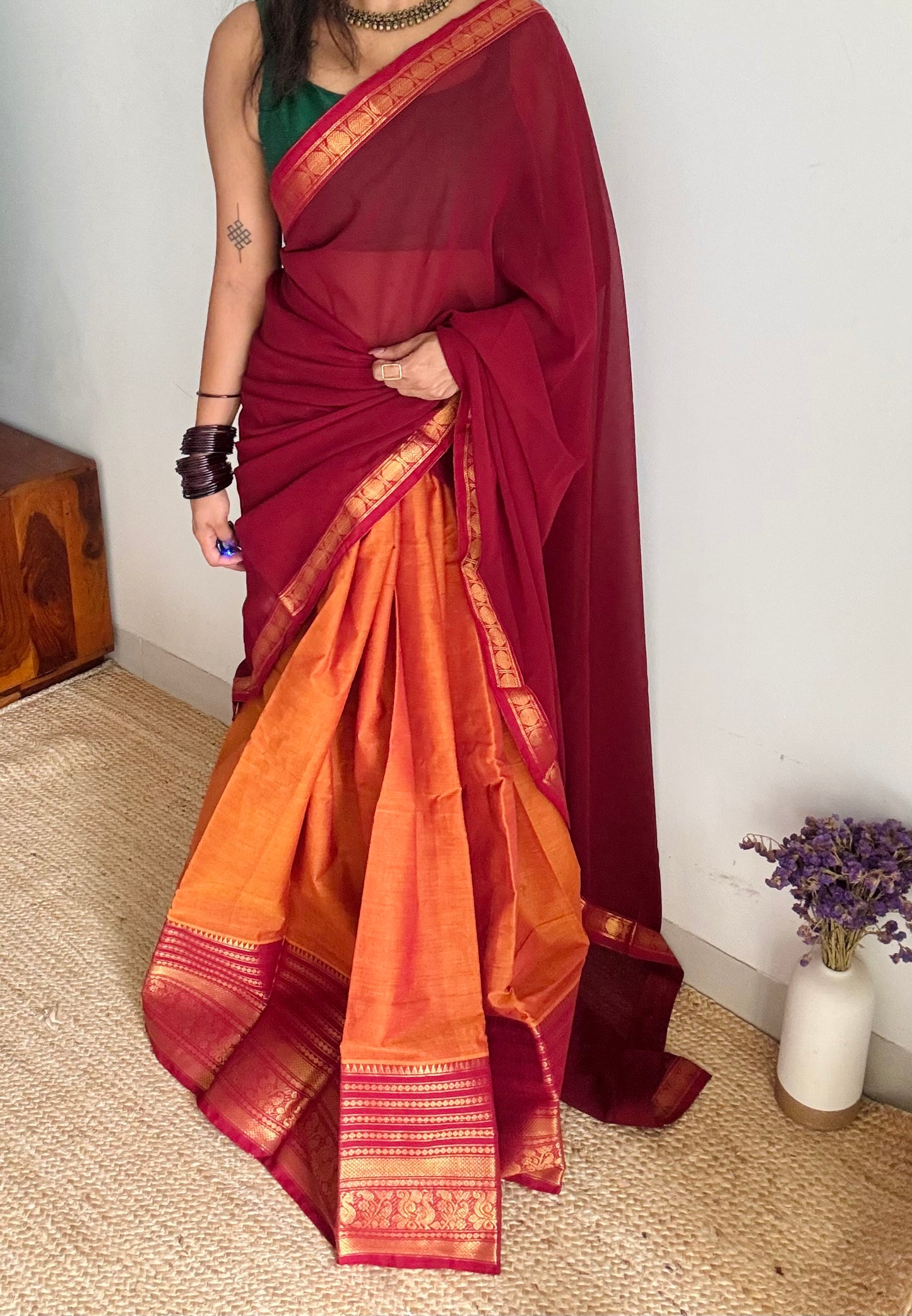 Orange - Maroon unstitched half saree material (dhavani), kanchi cotton - YCIEHS211