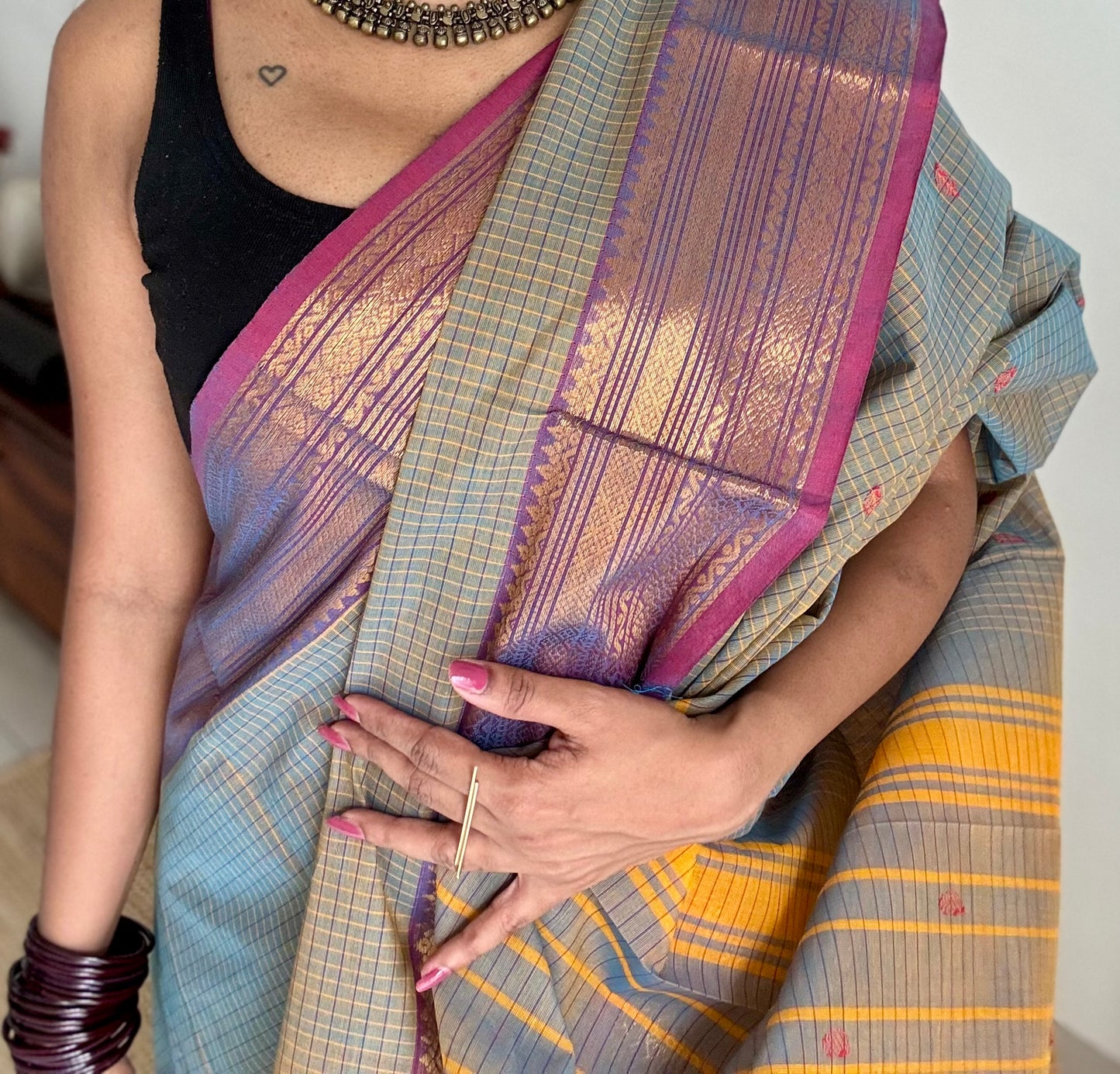 Grey and magenta purple contrast, checkered Chettinad cotton saree - YCCOTNMA263