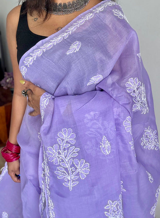 Inaya - lilac hand-embroidered chikankari cotton saree - YCLCKFE419