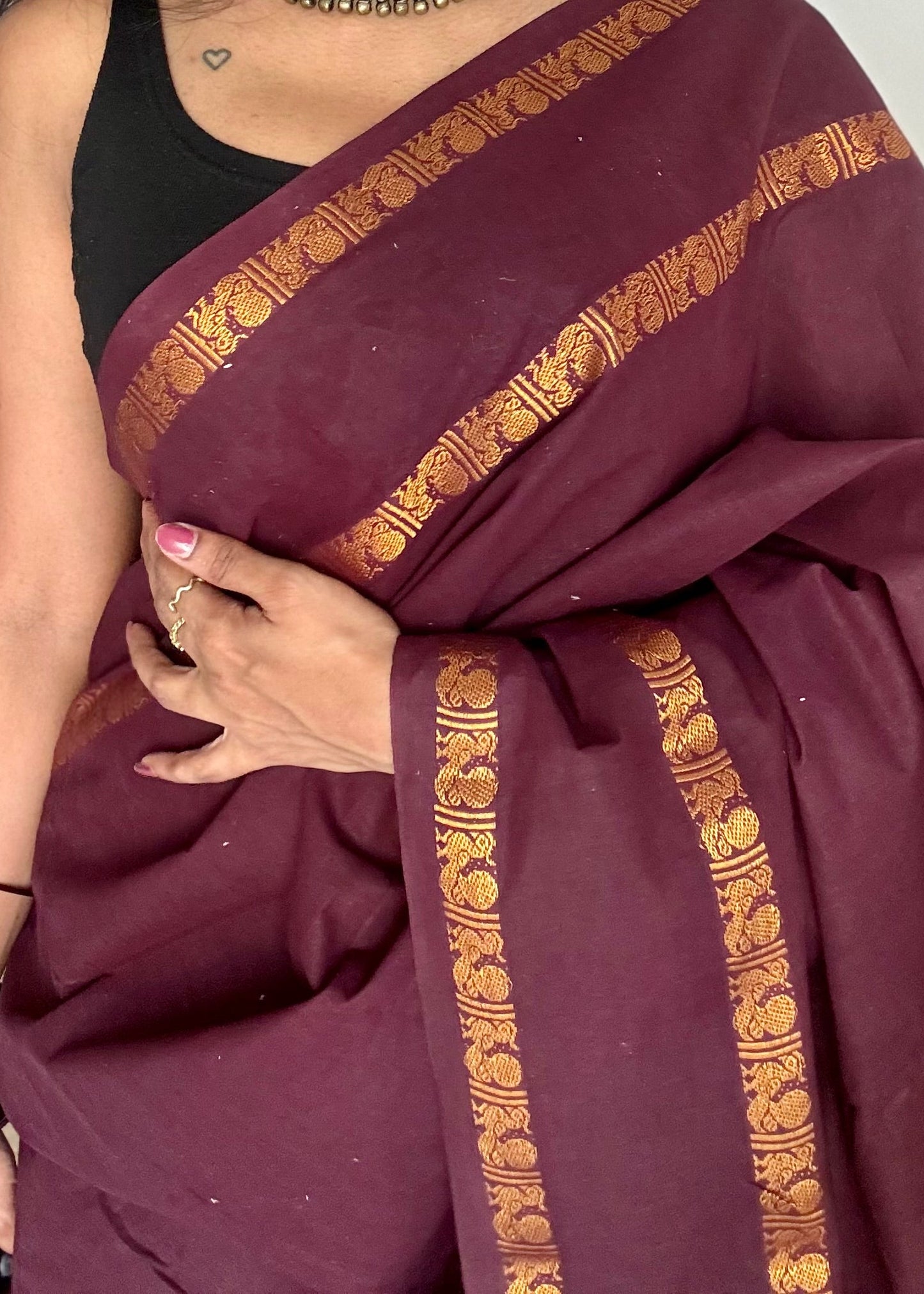 Coffee brown rettaipettu peacock gap border, kattuchayam dyed madurai cotton saree  - YCCOTNMSAP99