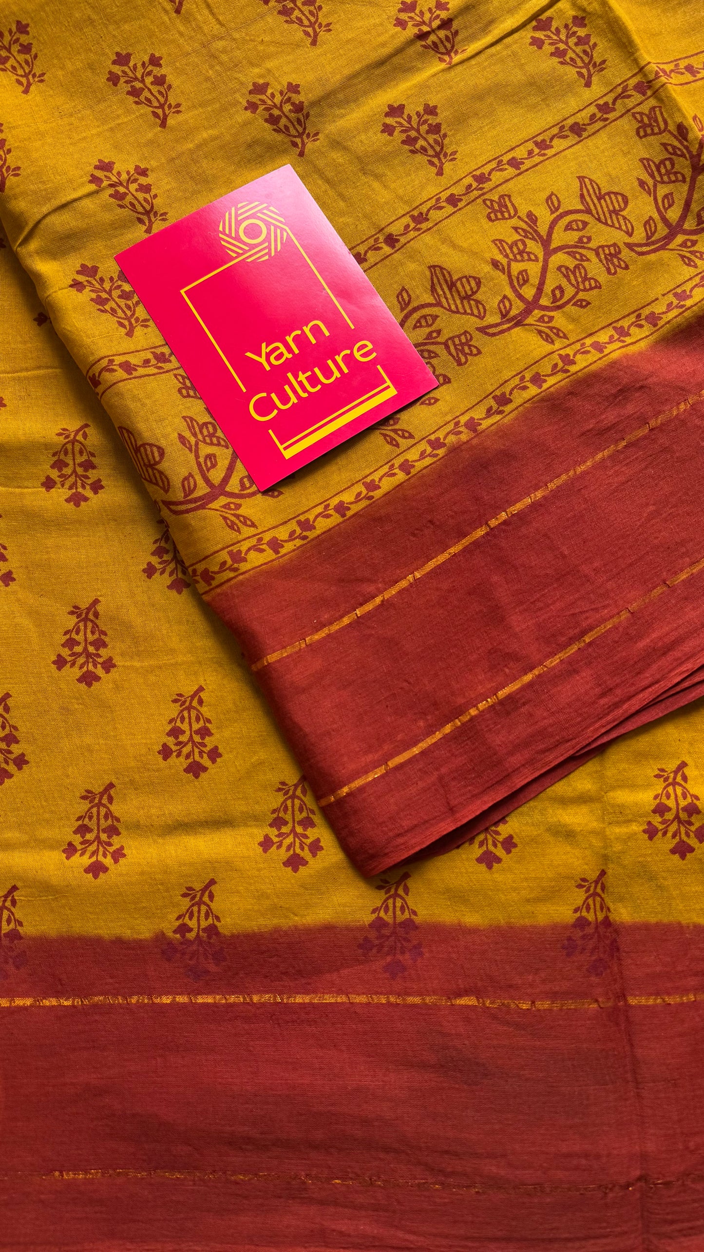 Mustard yellow with burnt red contrast, kattuchayam dyed madurai cotton saree - YCCOTNMA247