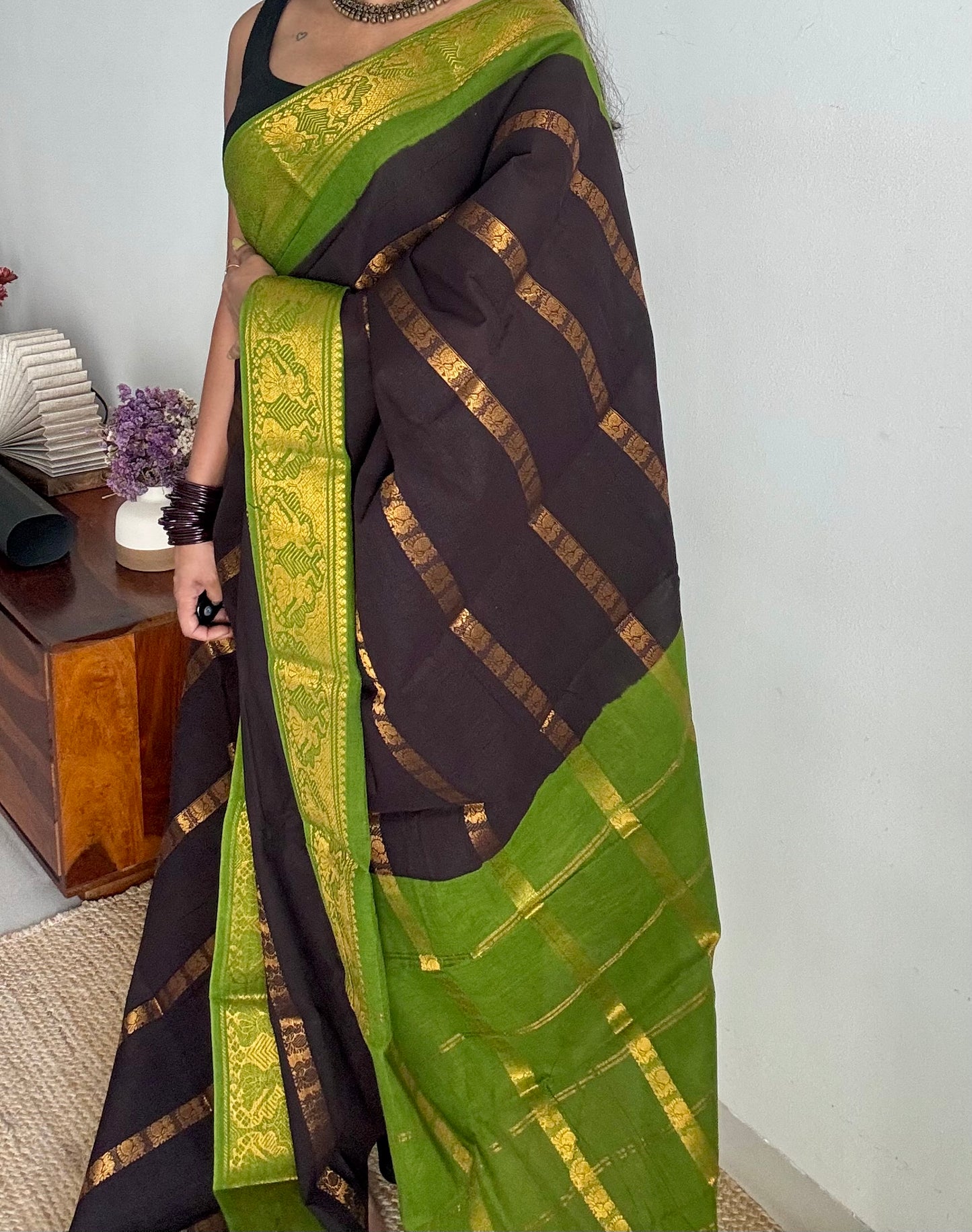 Black with green, multi peacock motif lines, kattuchayam dyed sungudi cotton - YCCOTNJUCC14