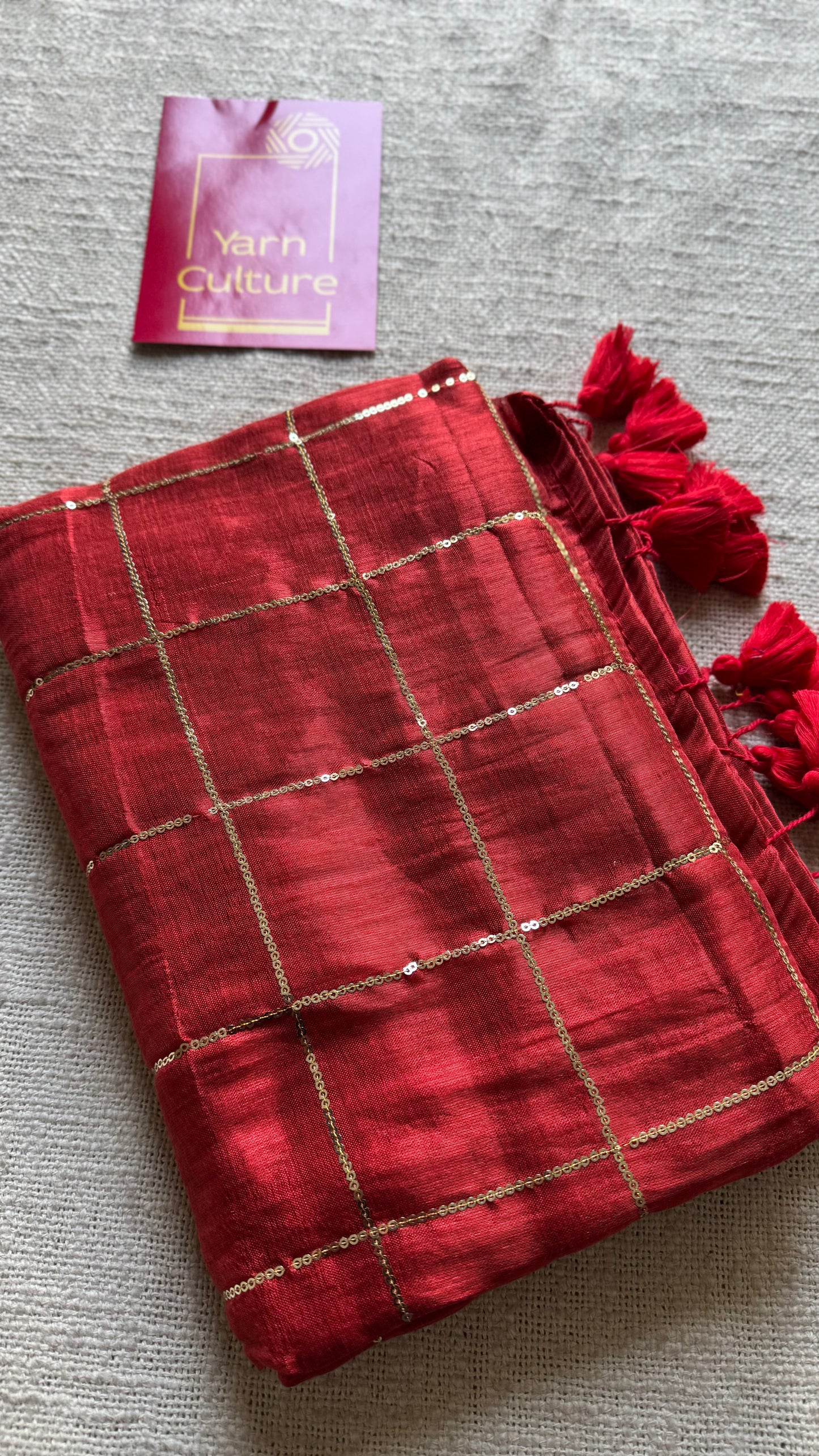 Red, checkered sequins work, mul tissue - YCBCMCJA07