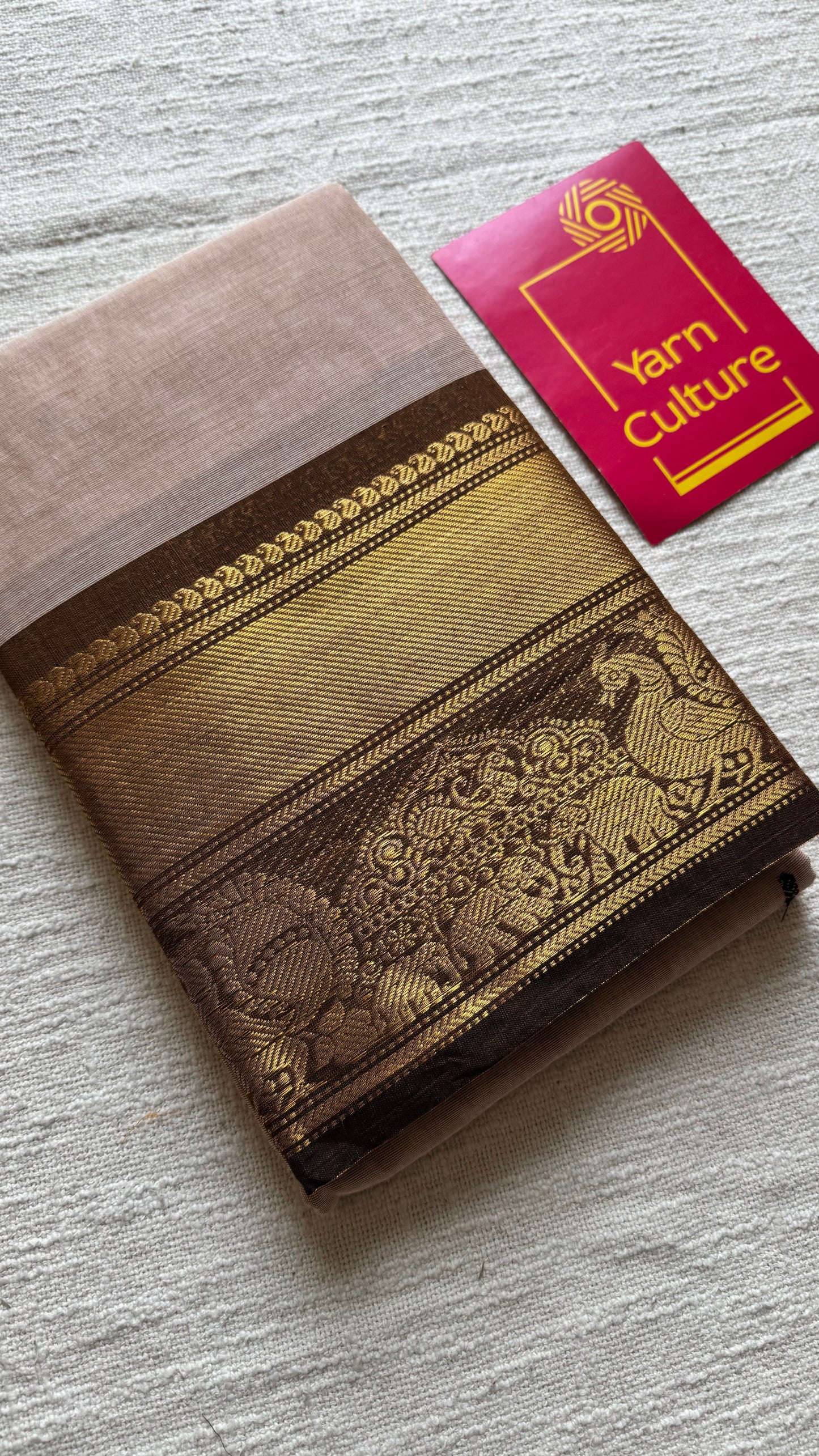 Kanchi cotton saree,dark beige with brown gold zari border - YCCOTNAP82