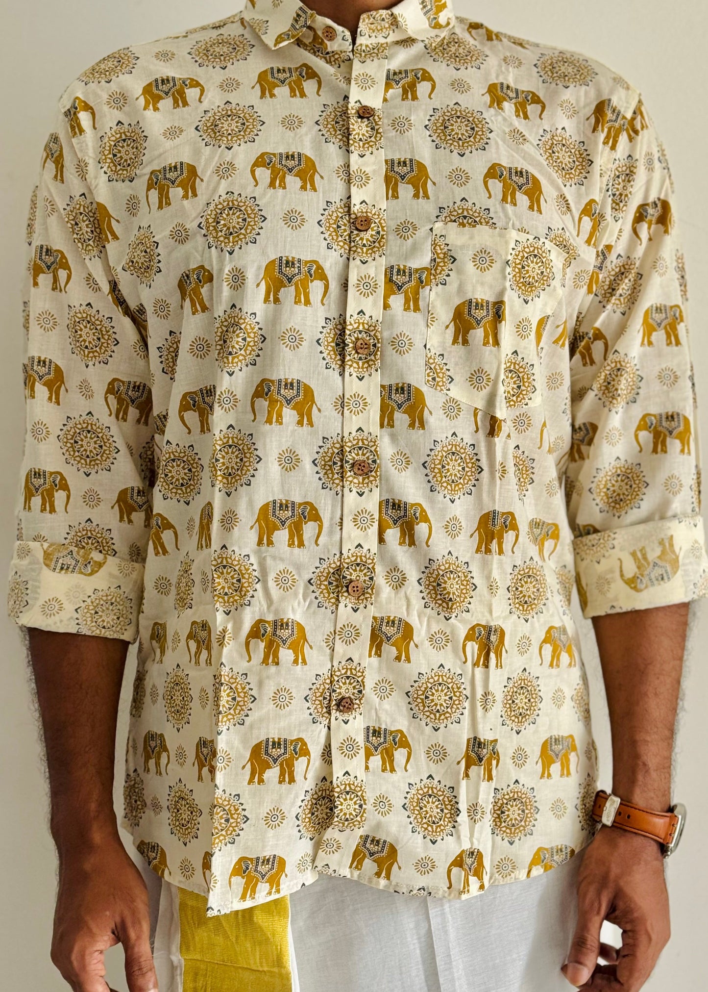Ivory Elephant Motif Block Printed Cotton Men's Full Sleeve Collared Shirt - YCMSEIE205