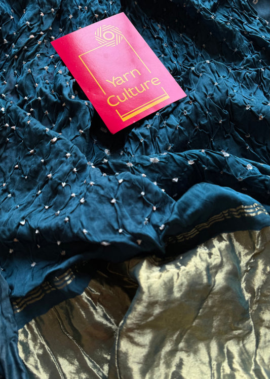 Teal/peacock blue, crushed bandhej pure modal silk saree with lagdi patta zari pallu - YCTOKBM330