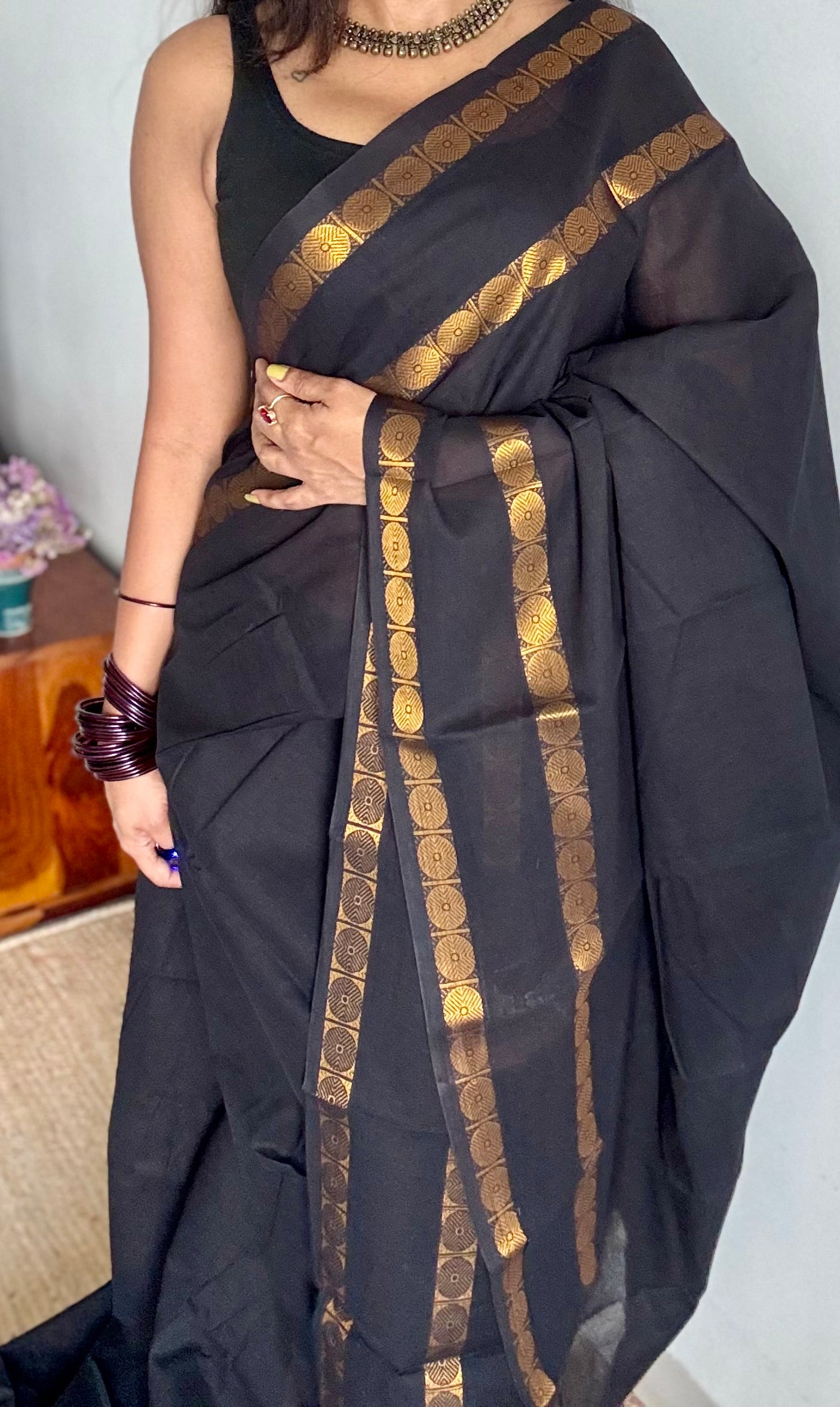 Black with round motif gap border, kattuchayam dyed madurai cotton saree - YCCOTNMSFE113