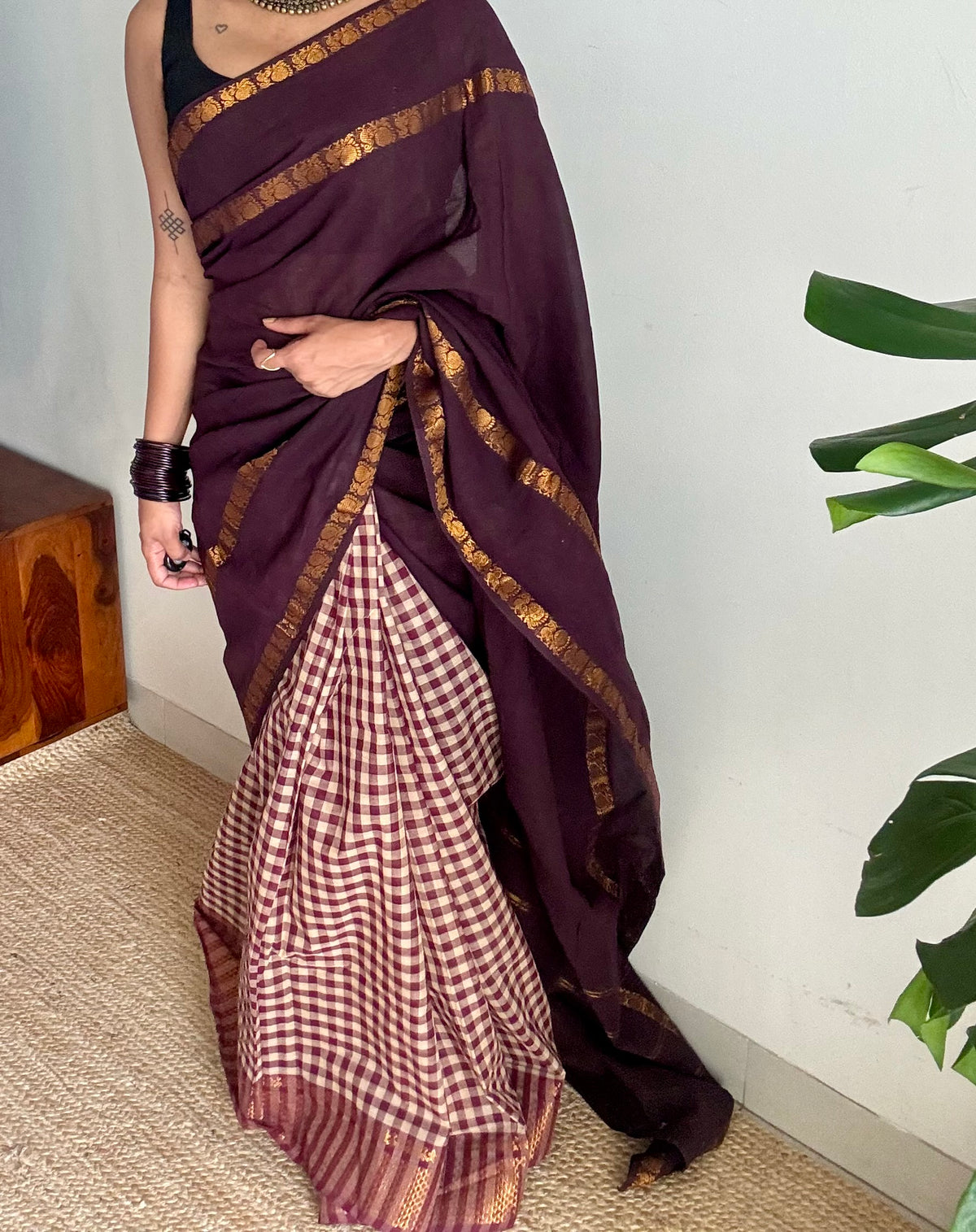 Brown and maroon with cream checks, sungudi and chettinad cotton half-half saree - YCCOTNIDOC31