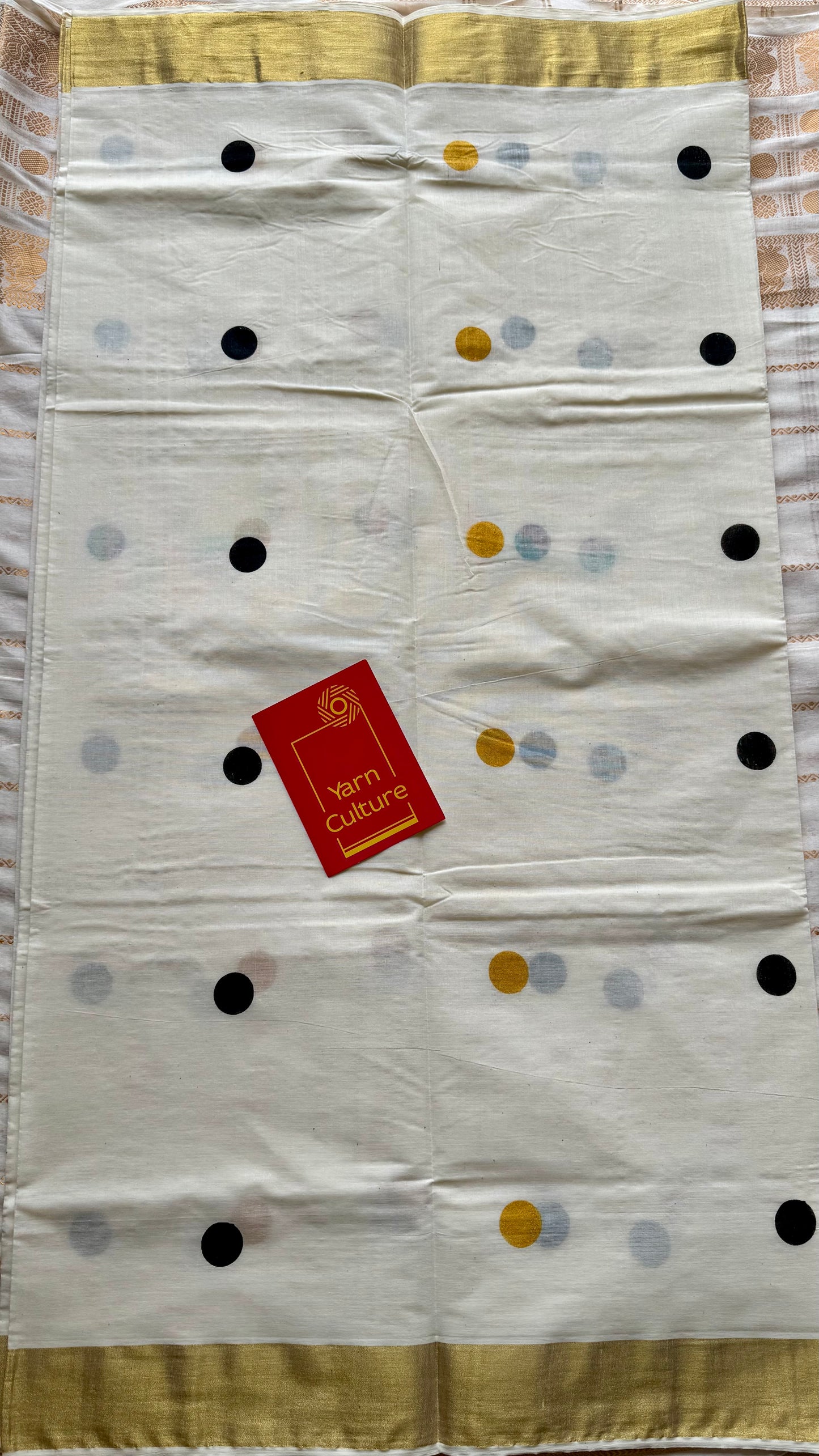Ivory and gold soft cotton kasavu saree, black and yellow polka - YCIEON72