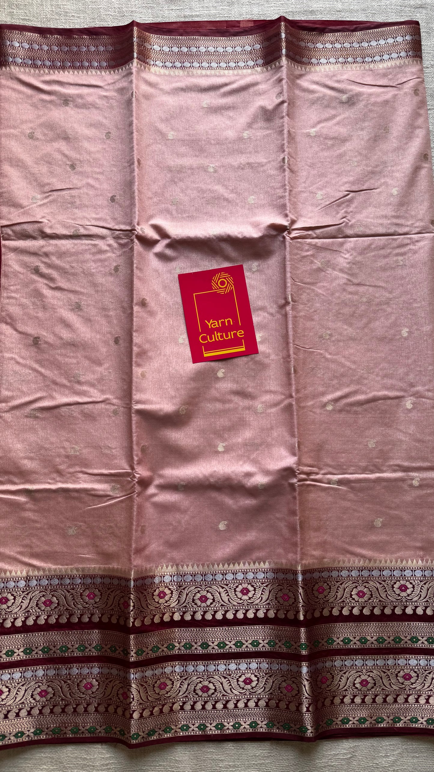 Salmon pink with maroon multicoloured vintage border, semi-silk - YCBLSSJA14