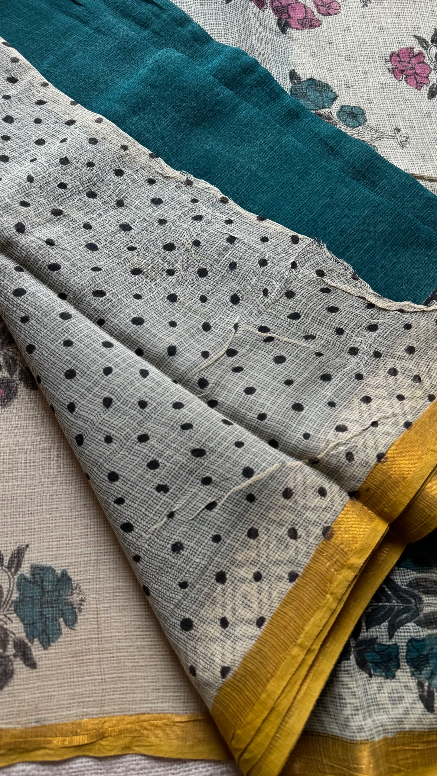 Teal Tadka - teal blue with yellow kota doria saree, with gold zari border - YCTORKDAP11