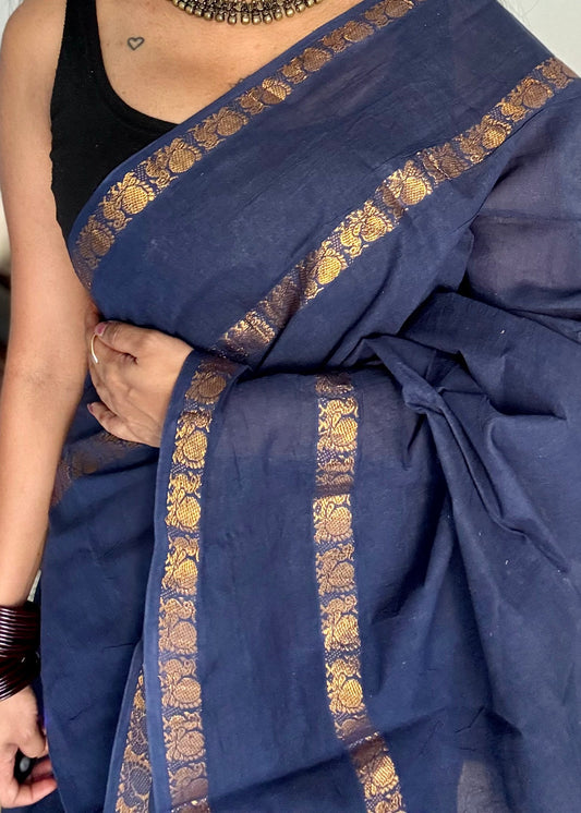 Dark blue rettaipettu peacock double bordered, kattuchayam dyed madurai cotton saree - YCCOTNMA277