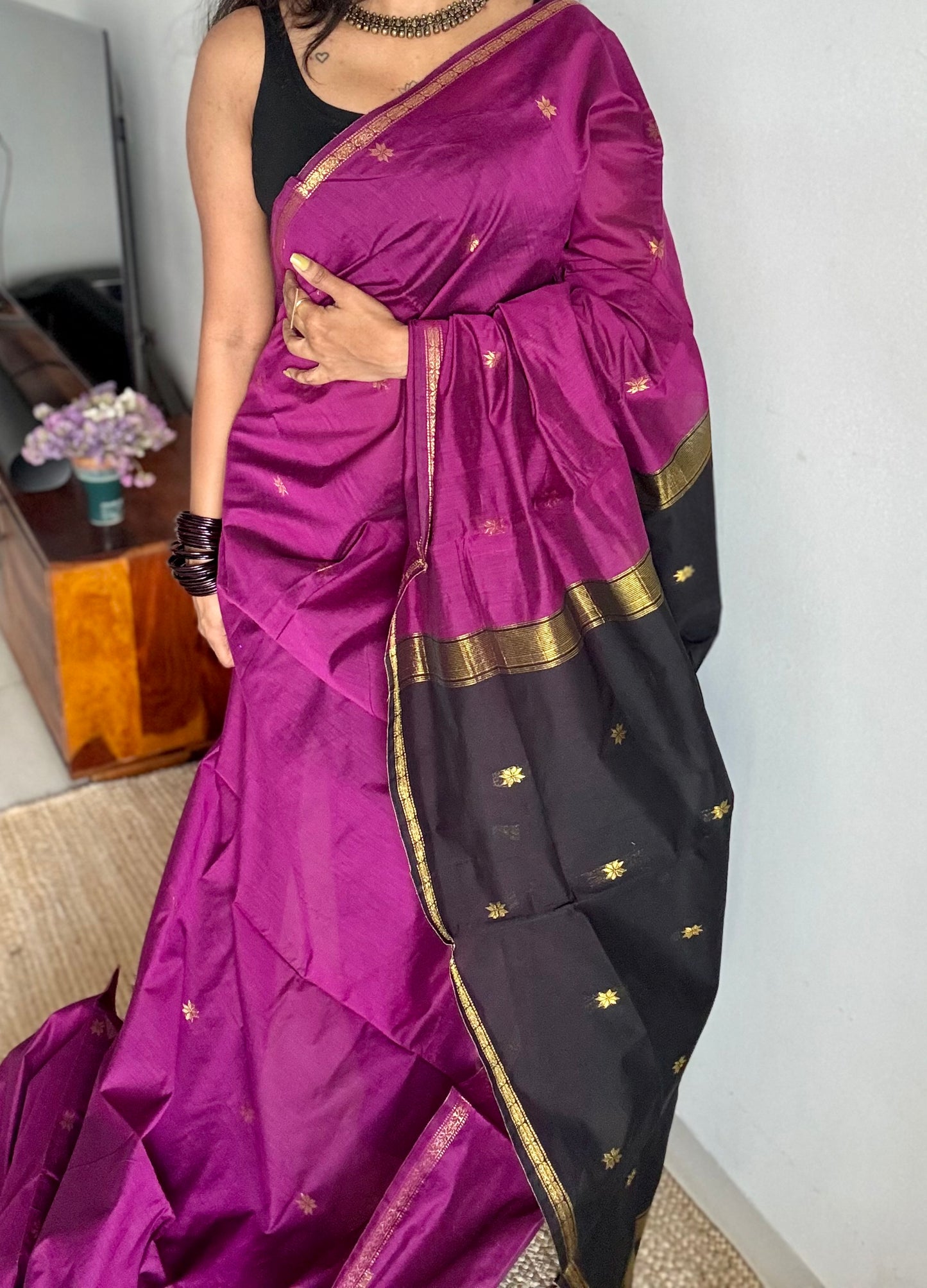 Grape wine with black, gold buttas, semi maheshwari cotton silk - YCCOTNCSDE86