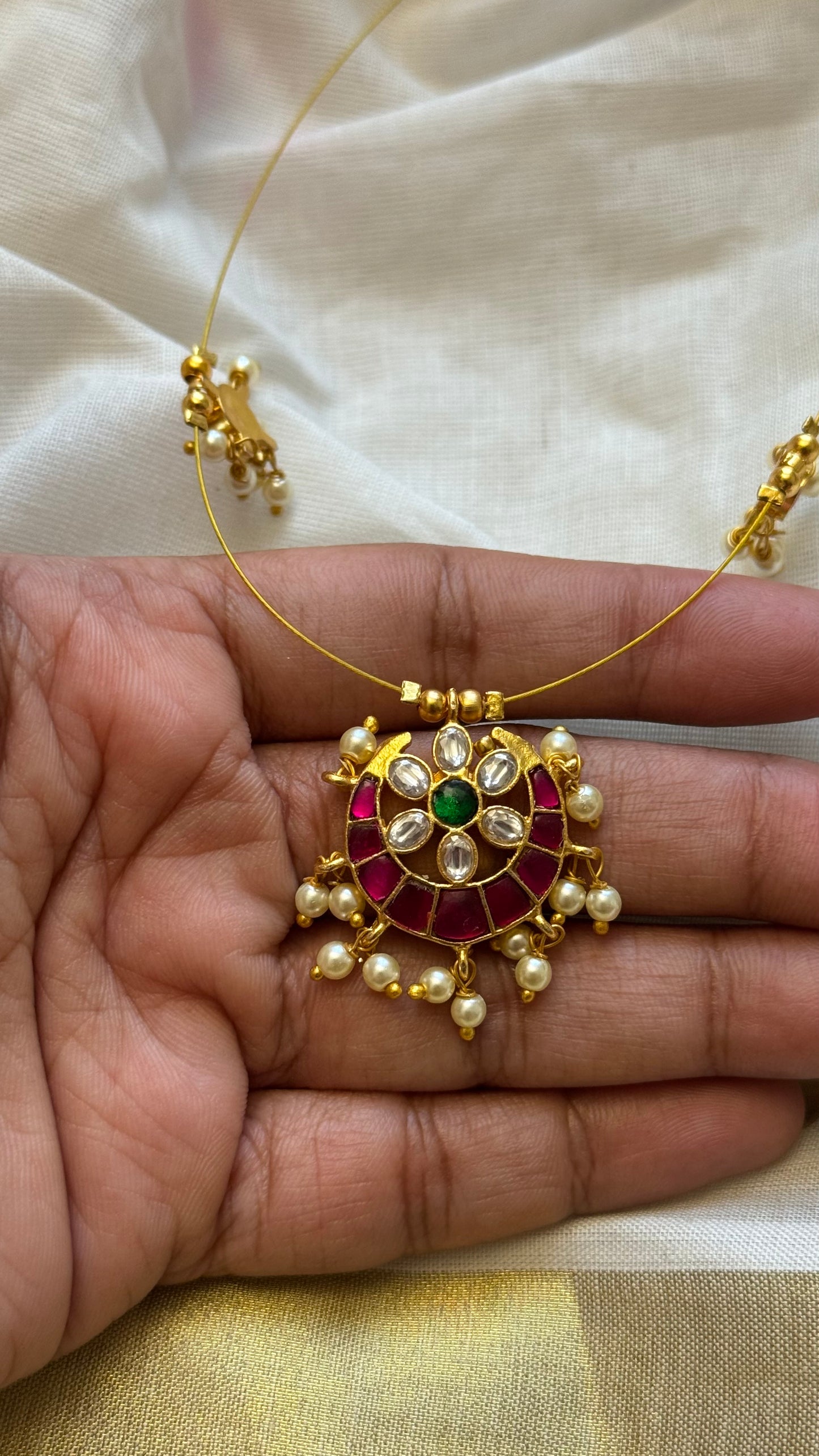 Invisible neckchain with jadau kundan stones & pearl hangings - ruby, green, white - YCGPNP688