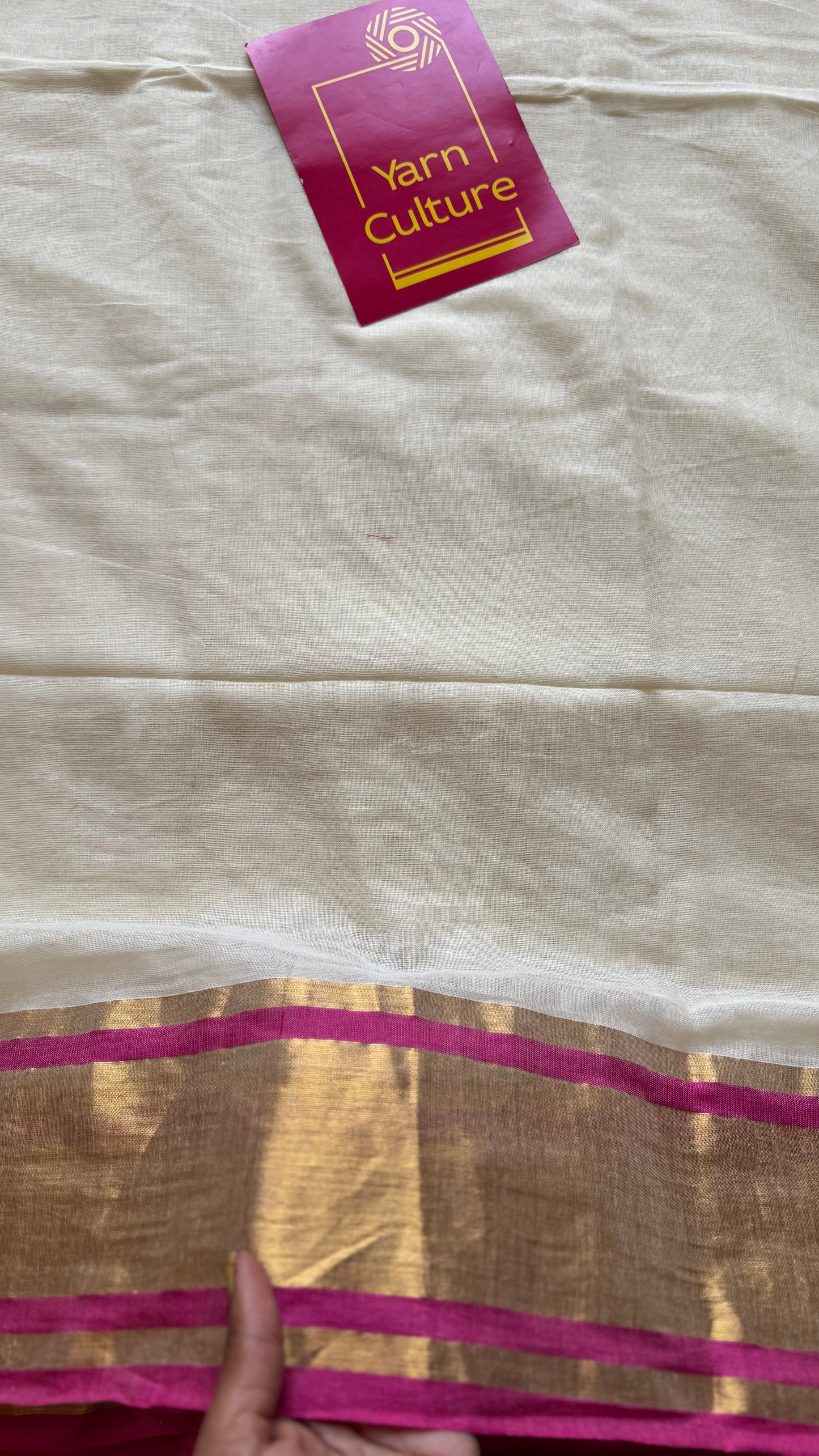 Ivory mul saree with gold zari border with hot pink highlights - YCIEBCFE326