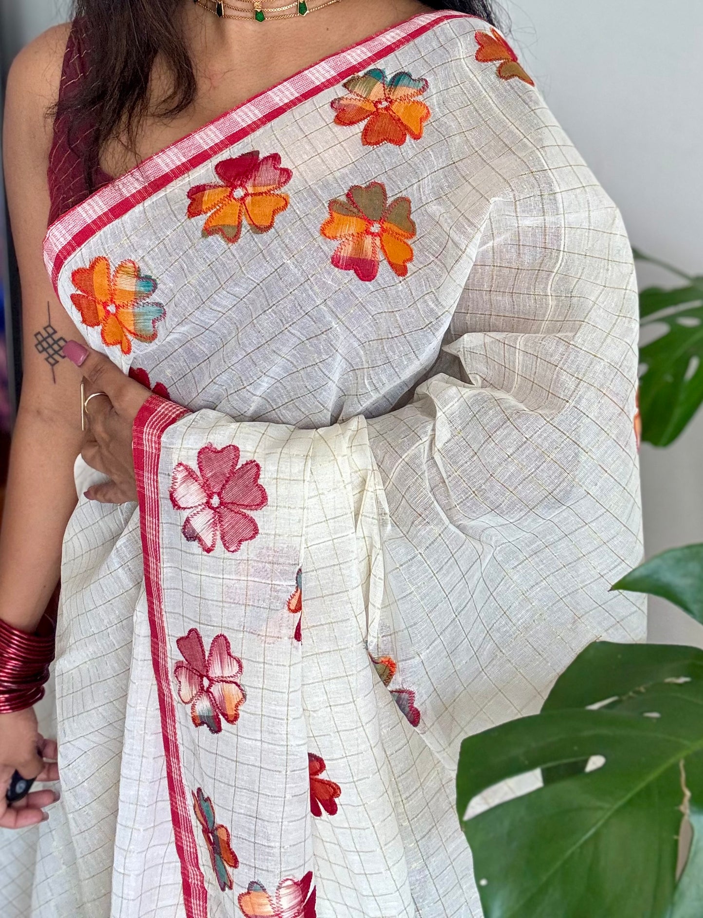 Ivory soft kota saree, with applique floral work - YCIEON88