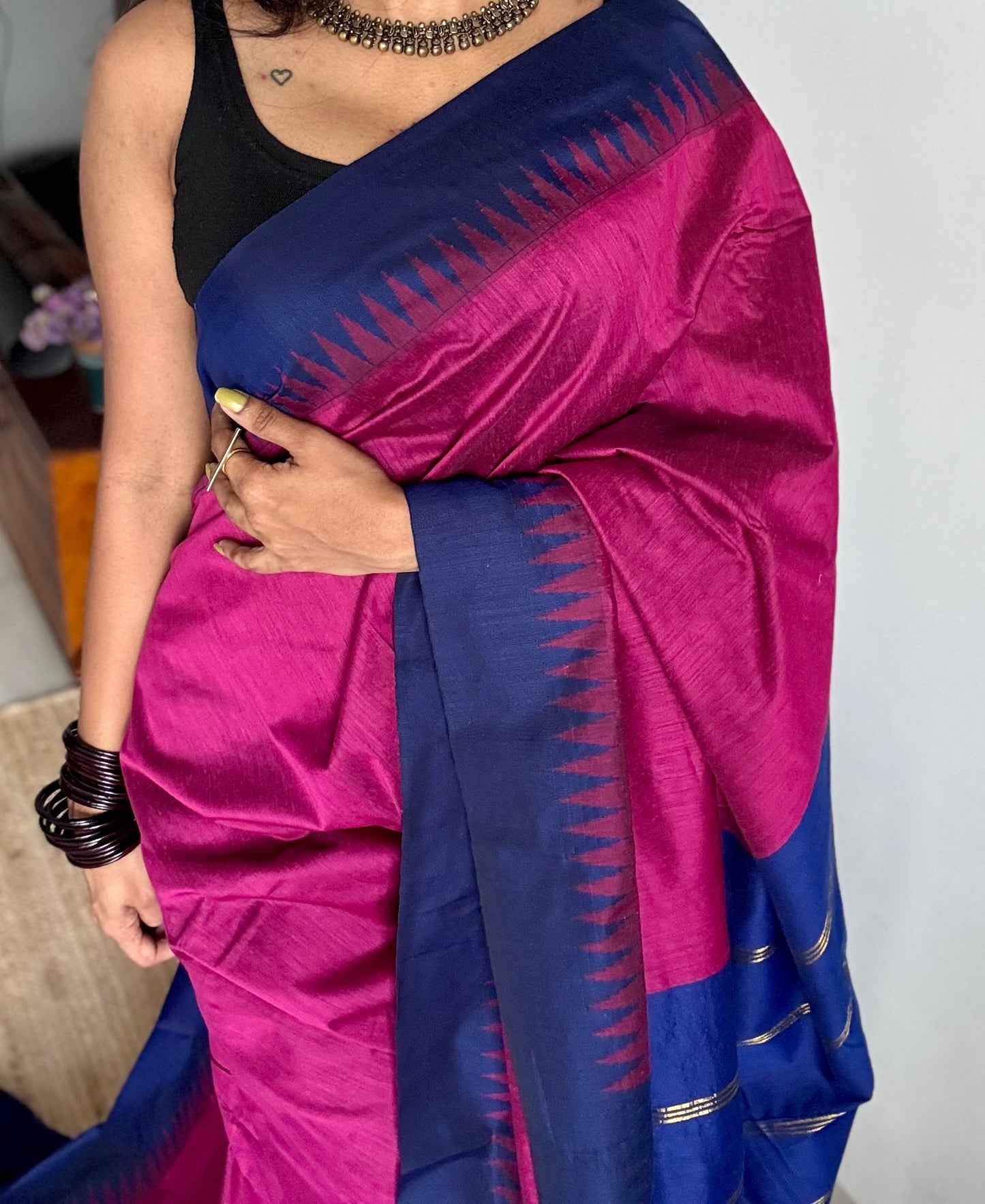 Magenta with blue contrast, temple border saree, cotton silk - YCCOTNTBFE62